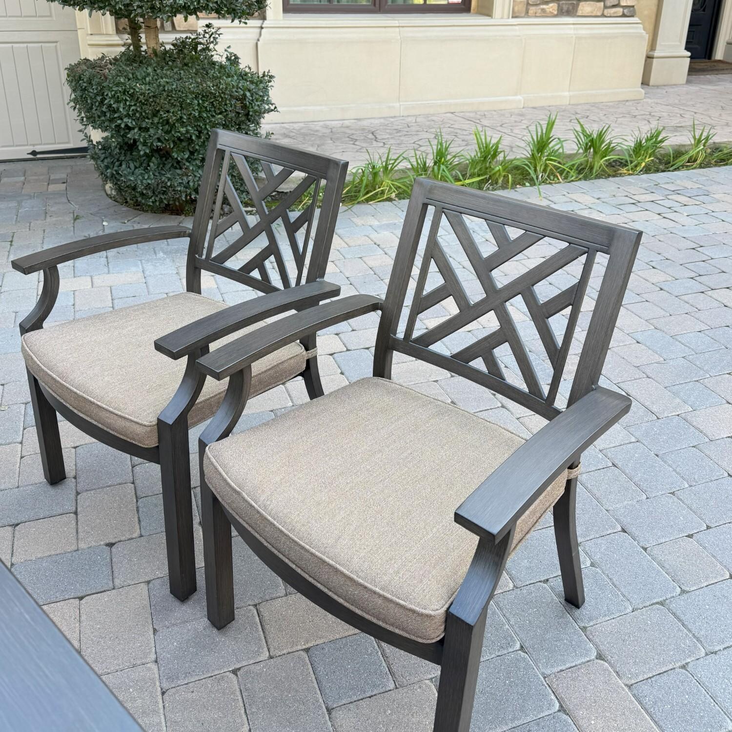 Brooklyn 6 Pc Aluminum Dining Set w/ 59 Inch Square Table in Sesame/Multi-brown by Darlee - Chair w/ Cushion - Lifestyle thumbnail