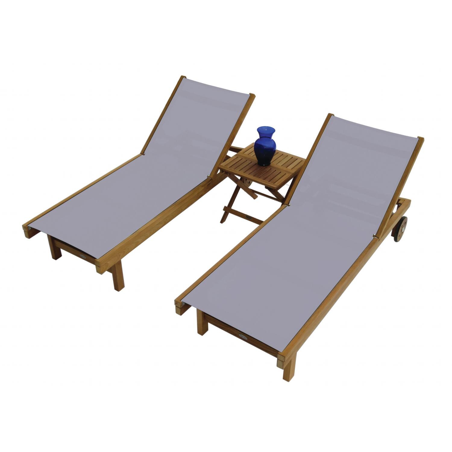 Sundaze 3 Pc Set Teak Chaise Lounge Set w/ Folding Side Table in Gray by Royal Teak Collection