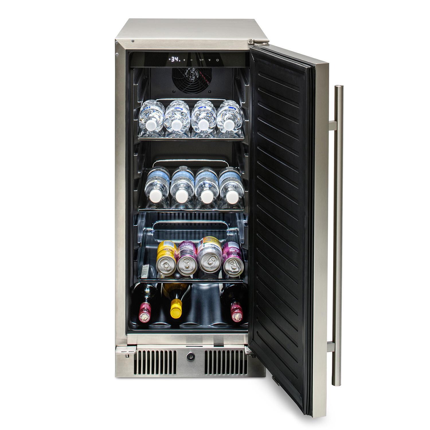 Blaze BLZ-SSRF-15 15-Inch 3.2 Cu. Ft. Outdoor Rated Compact Refrigerator - Door Open with Drinks thumbnail