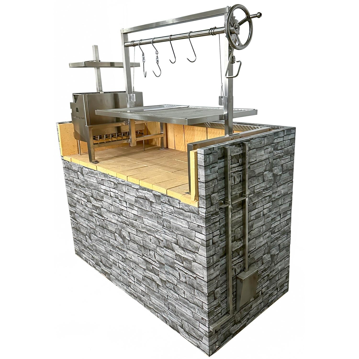 Tagwood BBQ BBQ09SSFRONT Insert Style Argentine Santa Maria Wood Fire & Charcoal Gaucho Grill without firebricks - Angled w/ No Grates (Shown Installed in Island) - White Background thumbnail