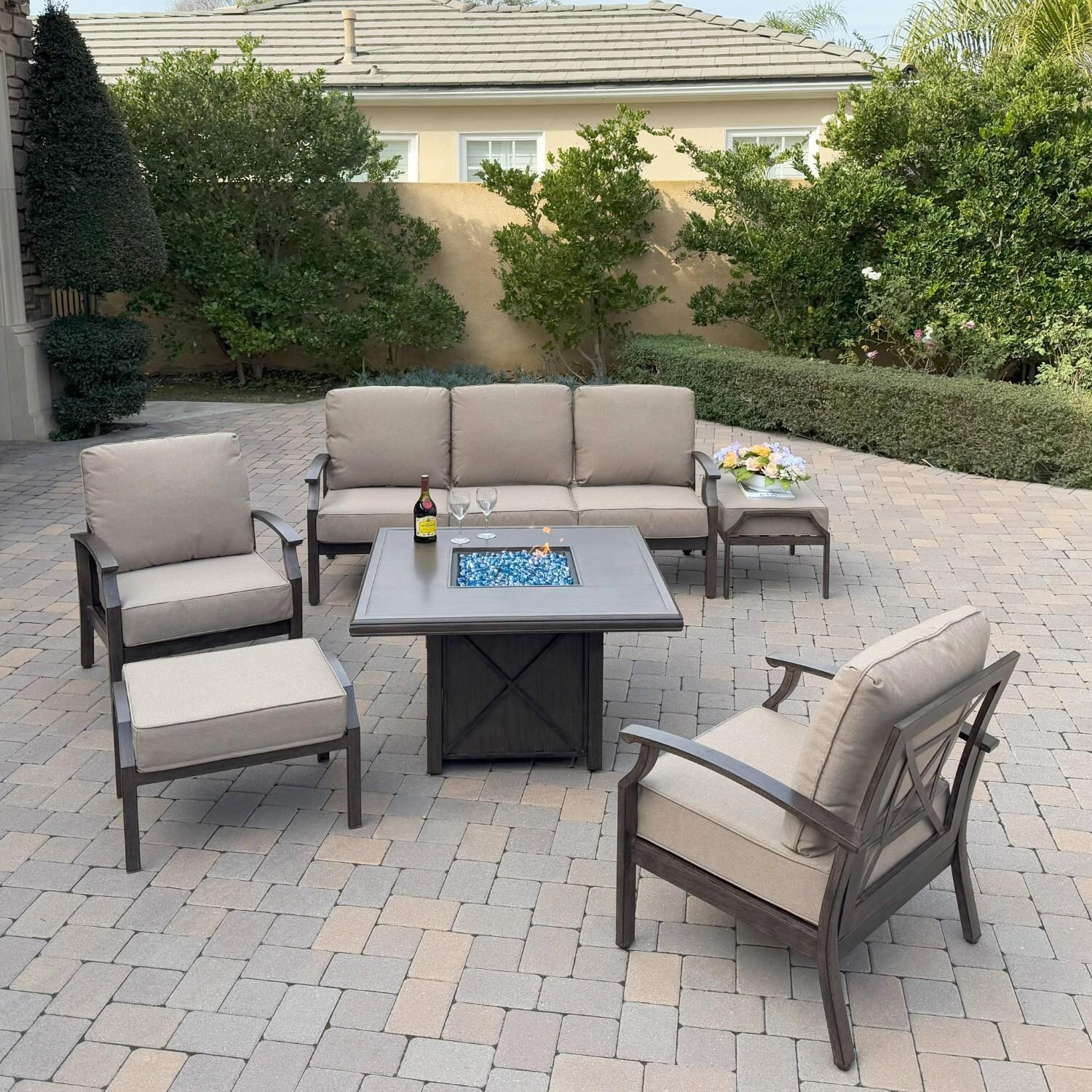 Atlantis 6 Pc Aluminum Fire Pit Seating Set w/ 2 Club Chairs, 2 Ottomans & Sofa in Walnut/Beige by Darlee - Hero - Lifestyle thumbnail