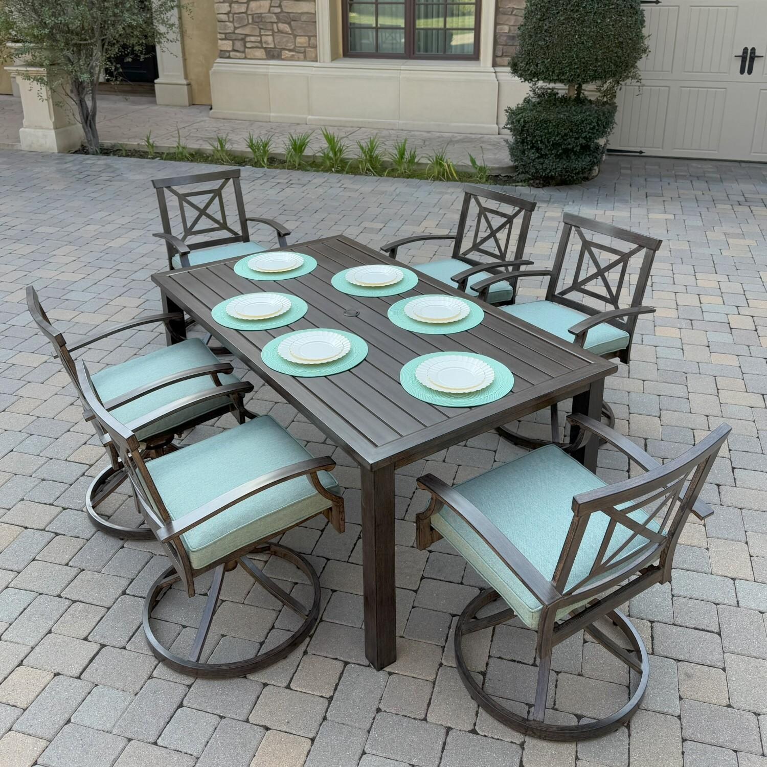 Atlantis 7 Pc Aluminum Dining Set w/ 6 Swivel Rocker Dining Arm Chairs in Walnut/Spa by Darlee