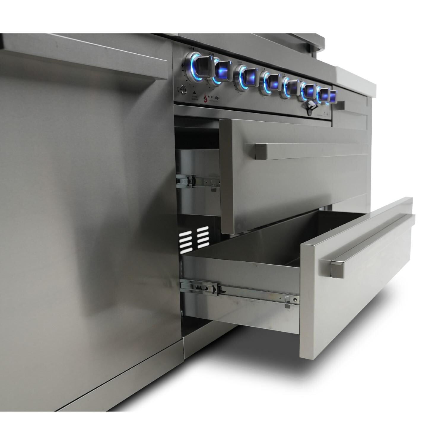 Mont Alpi - MAi805-BEV - Propane Gas Island Grill W/ Beverage Center & Infrared Side Burner - Drawers Open thumbnail