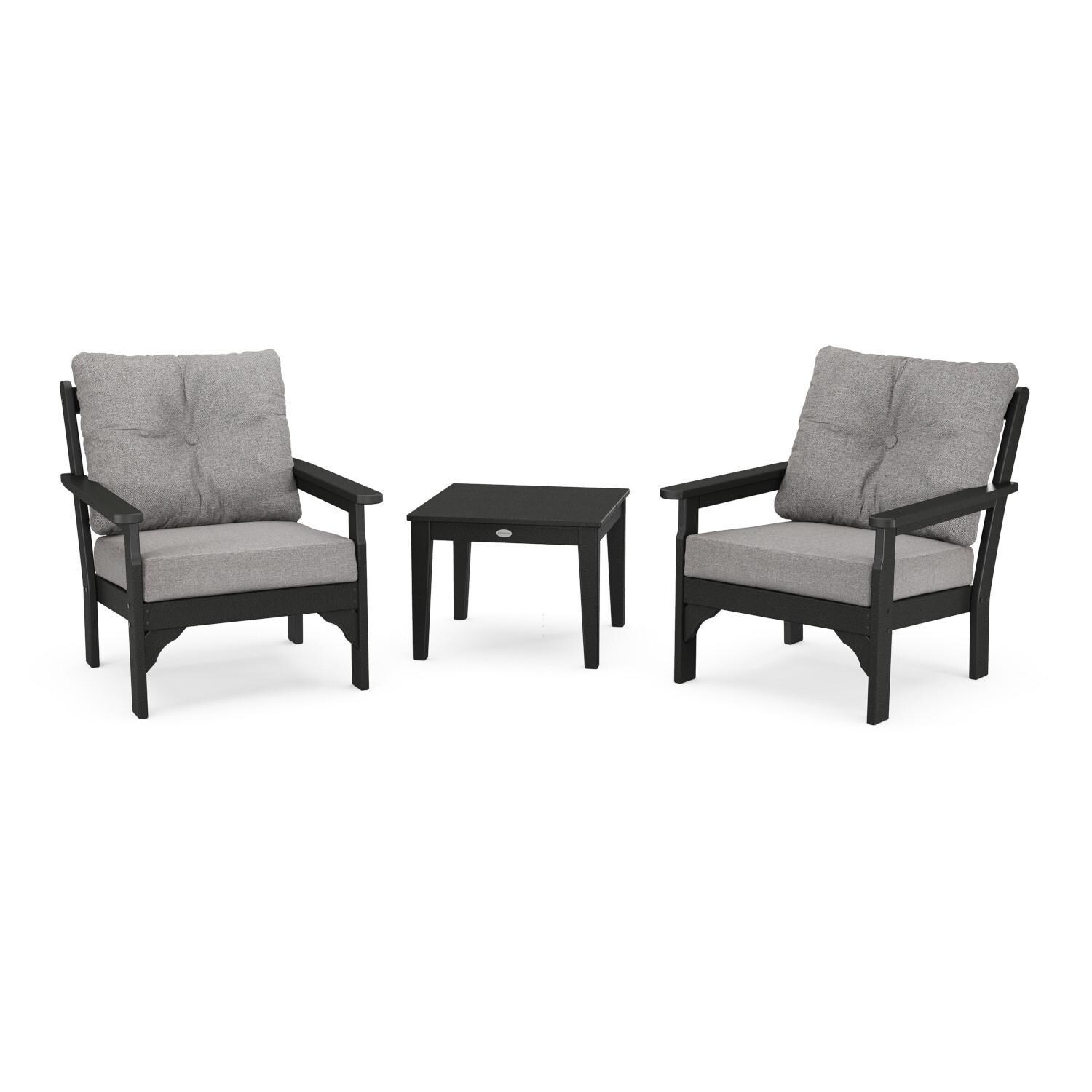 Vineyard 3 Pc Recycled Plastic Seating Set in Black/Gray Mist by POLYWOOD