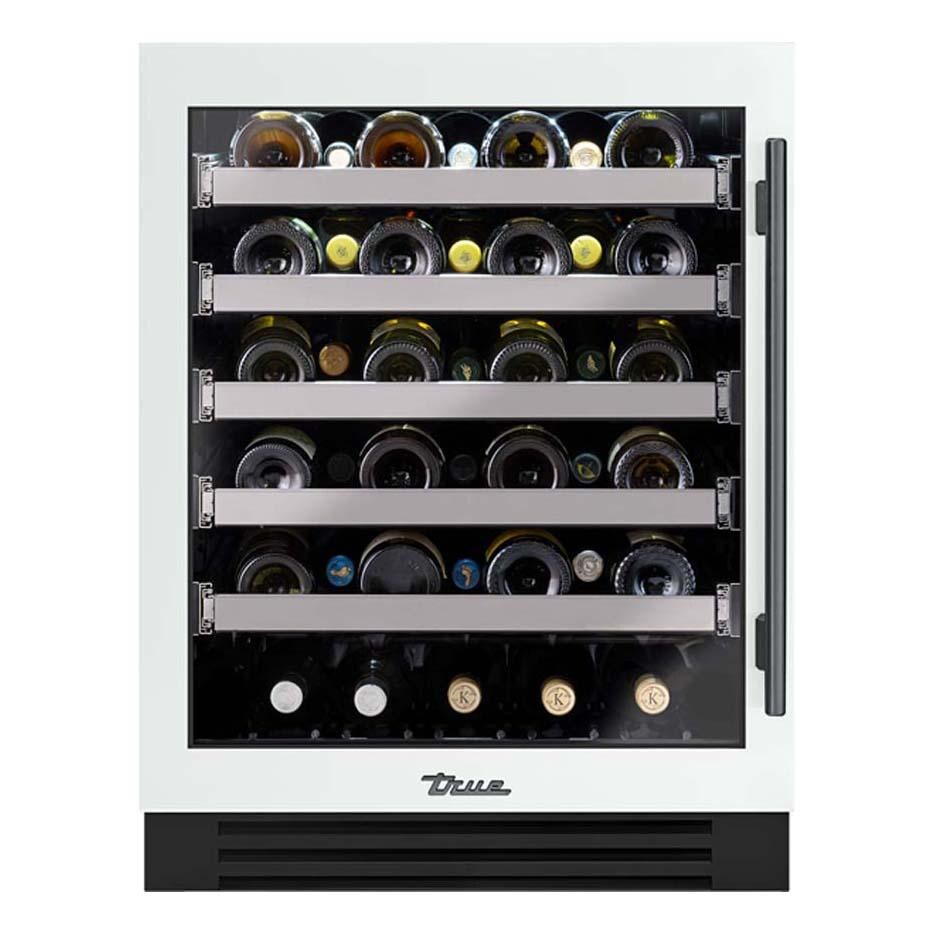 True TUWADA-24-LG-A~030-H05 ADA Height 24 Inch 40 Bottle Left Hinge Glass Door Outdoor Wine Cabinet - Matte White w/ Pewter Handle - White Background thumbnail