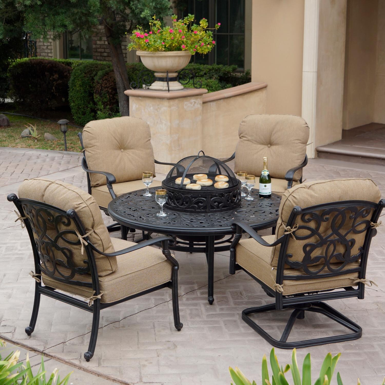 Darlee DL2056-5PC-80QB Santa Monica 5 Piece Cast Aluminum Patio Fire Pit Conversation Set W/ Ice Bucket Insert & Sesame Cushions thumbnail