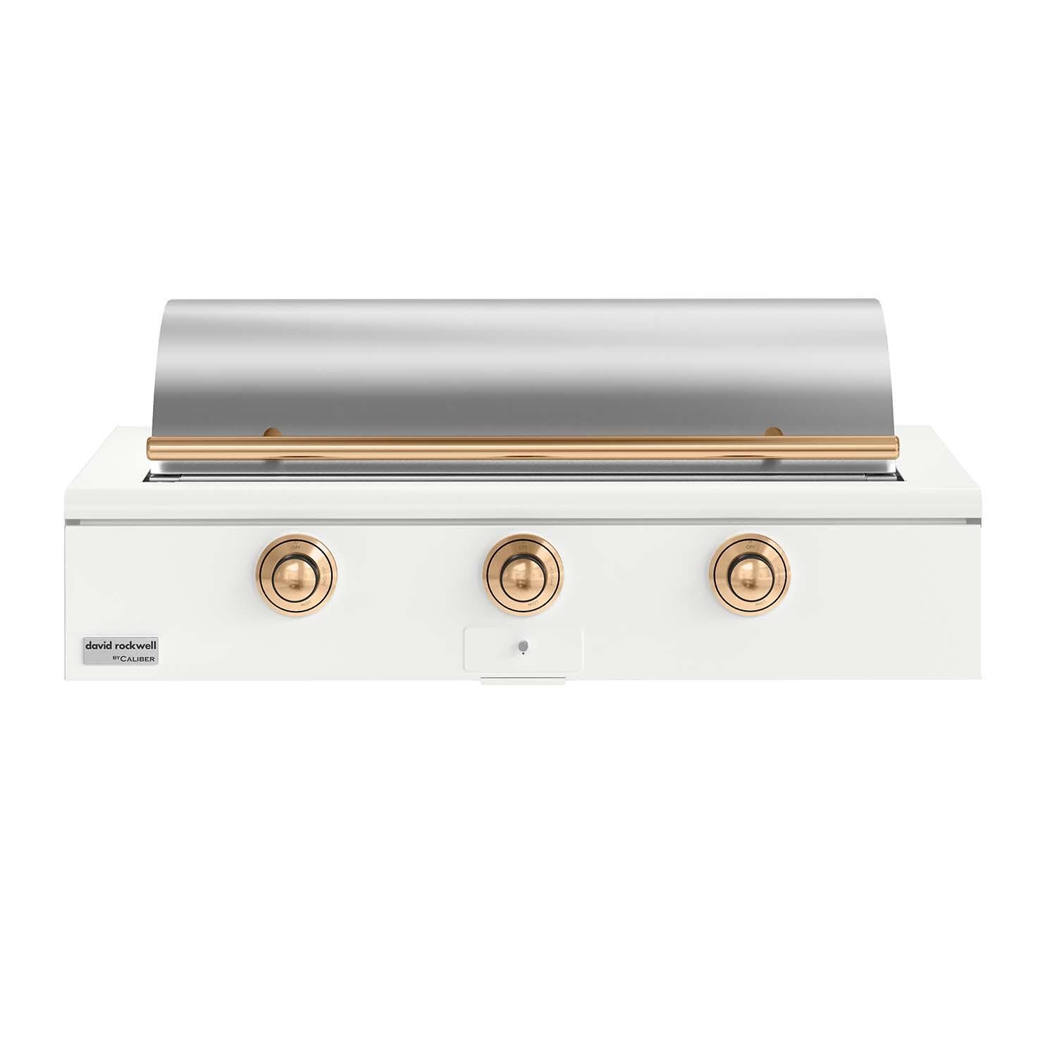 Caliber CRG-48BN00-A-030-H08 48-in Natural Gas Built-In Rockwell Grill - Matte White w/ Gold Hardware - Closed Lid - White Background thumbnail