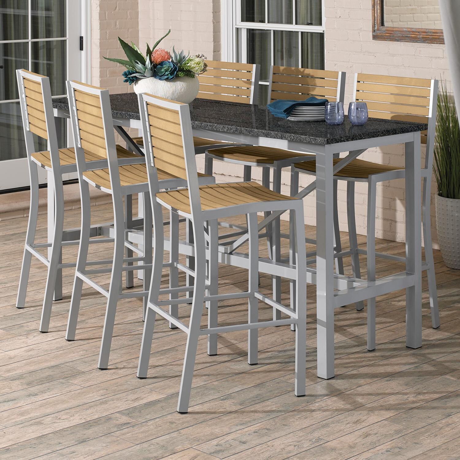 Travira 7 Piece Aluminum Patio Bar Set W/ 72 X 30 Inch Retangular Lite-Core Charcoal Table & Tekwood Natural Bar Stools By Oxford Garden image