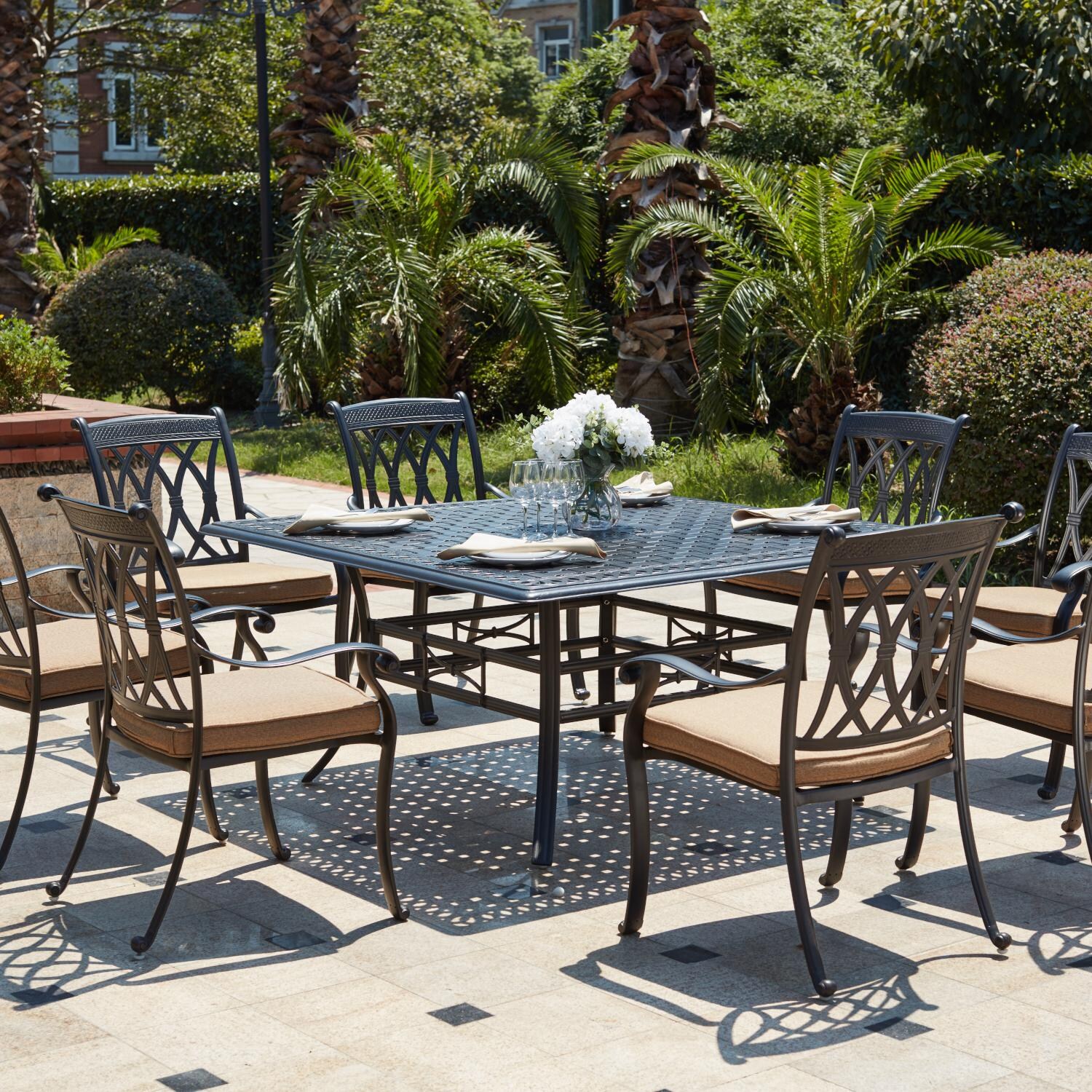 Capri 9 Pc Cast Aluminum Dining Set w/ 60 Inch Square Series 88 Table in Antique Bronze/Sesame by Darlee