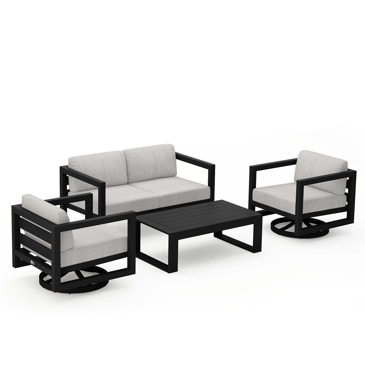 Misty Cove 4 Pc Aluminum Loveseat Seating Set w/ Swivel Chairs in Black/Cast Silver by Lakeview Outdoor Designs - Angled - White Background thumbnail