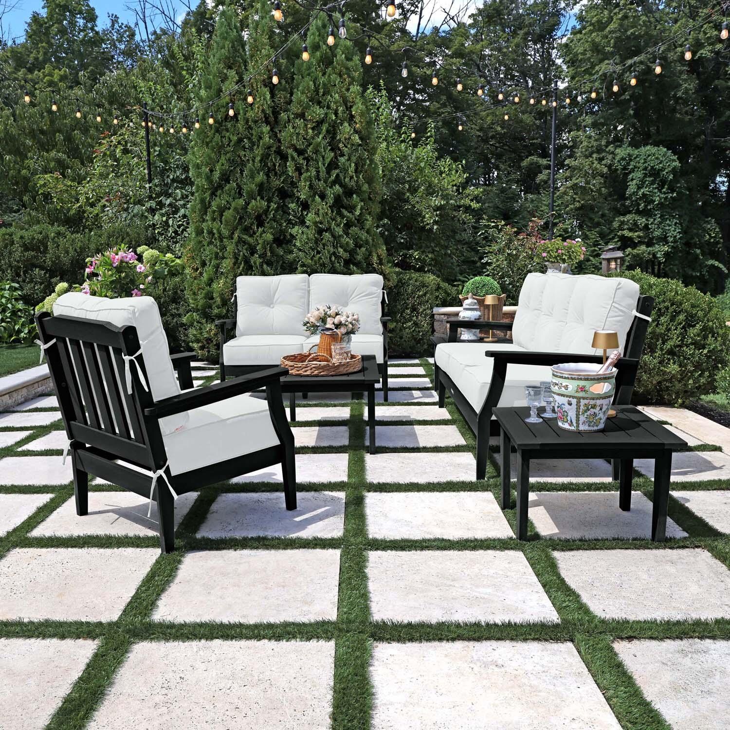 Blushing Bay 6 Pc Recycled Plastic Grand Seating Set in Bliss Linen/Black by Lakeview Outdoor Designs - Side View - Lifestyle thumbnail