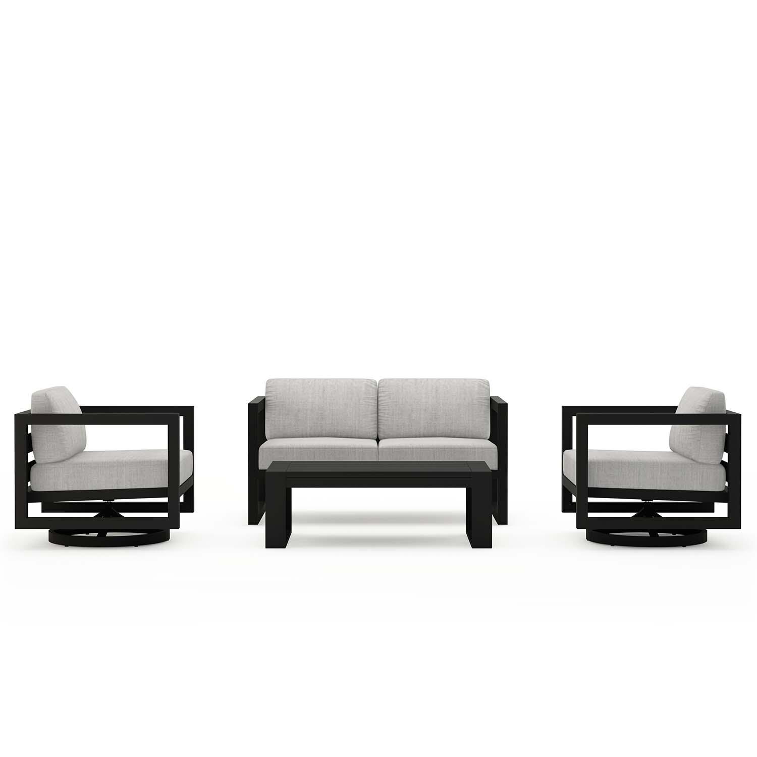 Misty Cove 4 Pc Aluminum Loveseat Seating Set w/ Swivel Chairs in Black/Cast Silver by Lakeview Outdoor Designs - Front View - White Background thumbnail