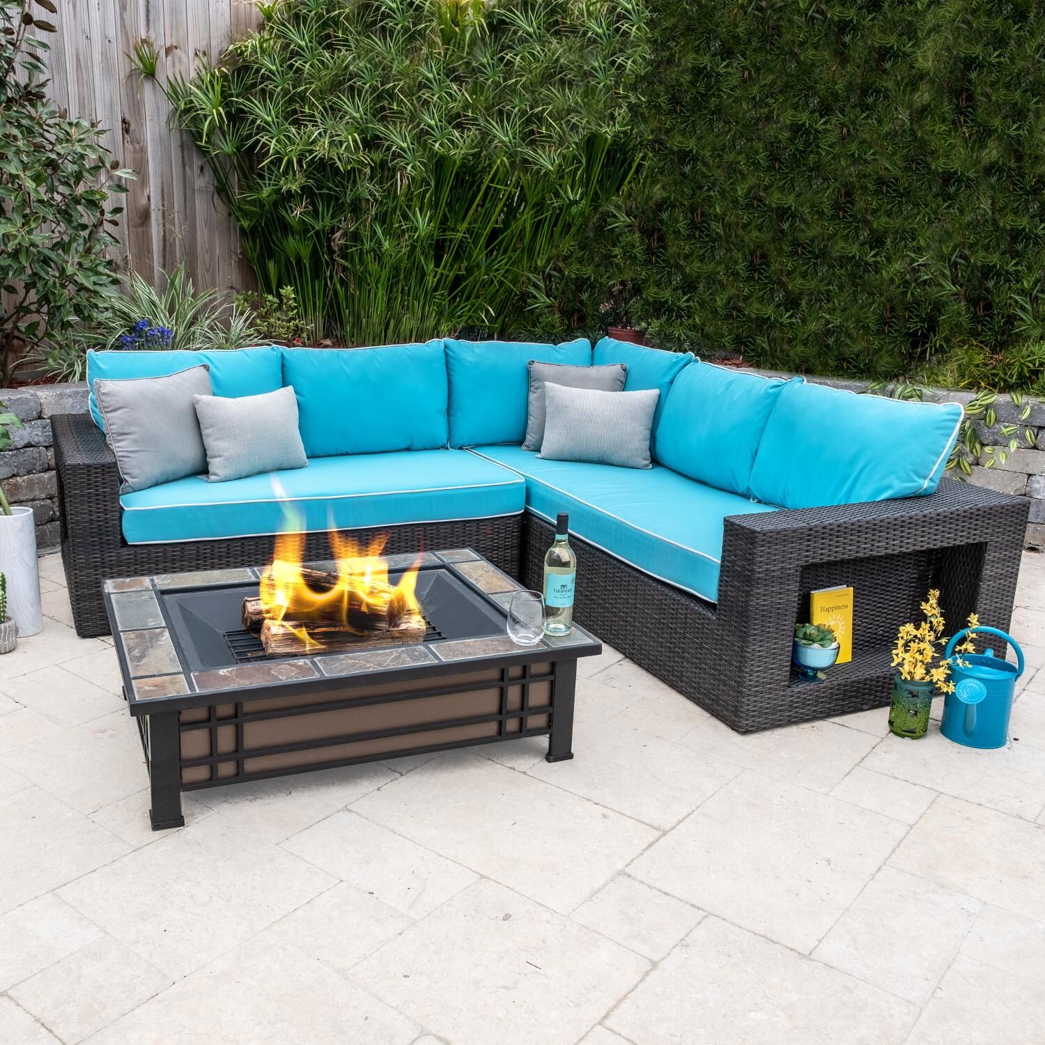 Gentilly 3 Piece Wicker Patio Fire Pit Sectional Set W/ Sofa & Sunbrella Canvas Aruba Cushions By Lakeview Outdoor Designs thumbnail