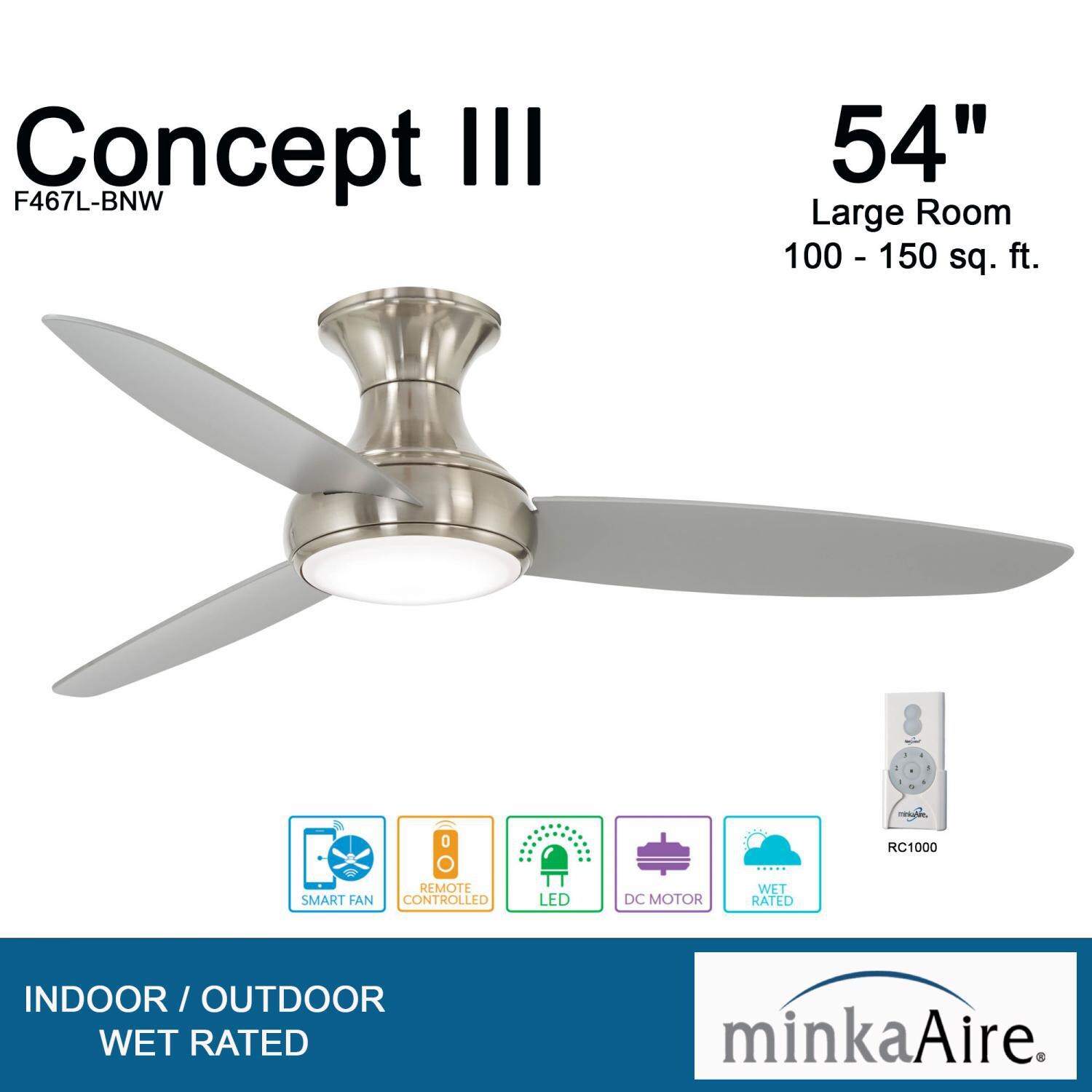 Minka-Aire F467L-BNW Concept III 54-Inch 3-Blade LED Smart Ceiling Fan in Brushed Nickel Wet Finish W/ Silver Blades & Etched Opal Glass - Ratings thumbnail