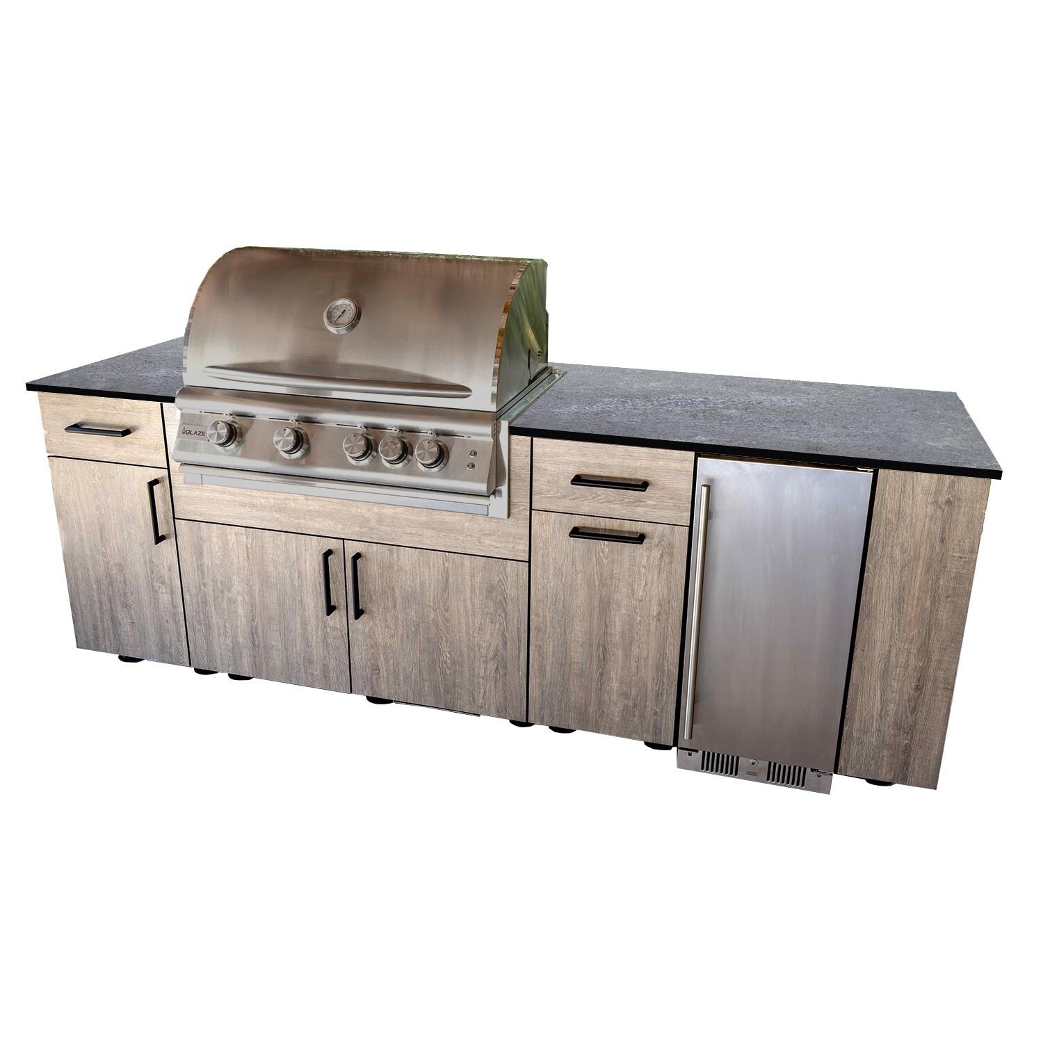 BBQGuys Signature Oasis 8 Ft Outdoor Kitchen Island w/ Blaze Propane Grill & Refrigerator in Riverside Oak/Lunar Grey