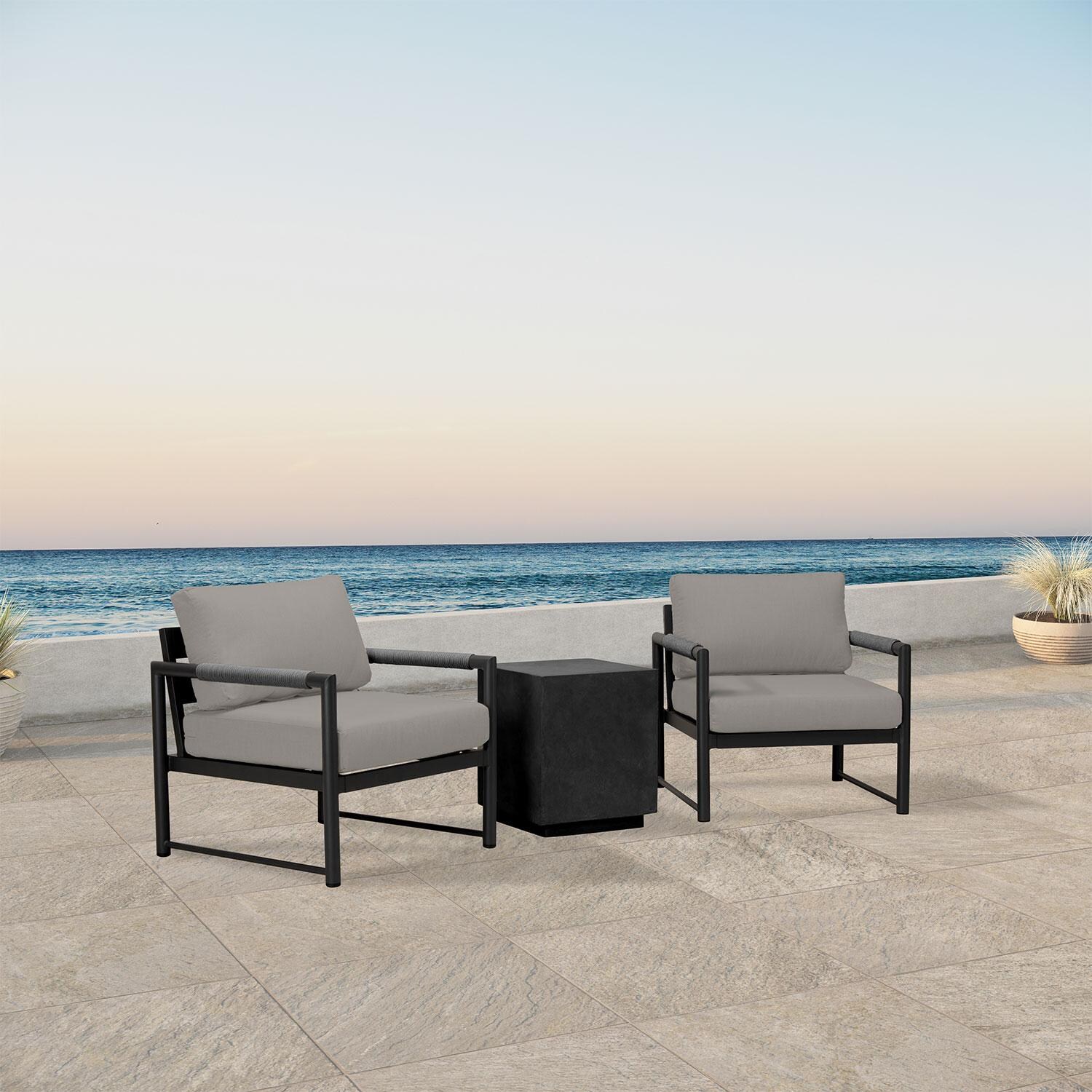 Lakeview AVEBAY-BK-CO-SET104-CC Avenue Bay Black/Carbon 3 Pc Chat Set - Canvas Charcoal - Angled On Patio - Lifestyle thumbnail