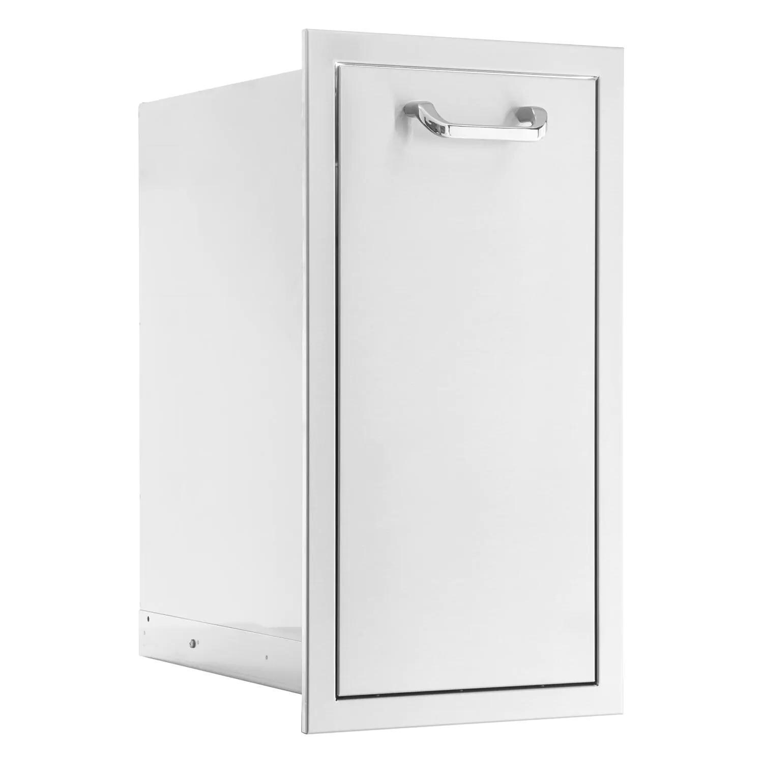 BBQGuys Signature 13-in Contempo/Traditional Stainless Steel Narrow Roll-Out Trash Bin - Angled View - White Background