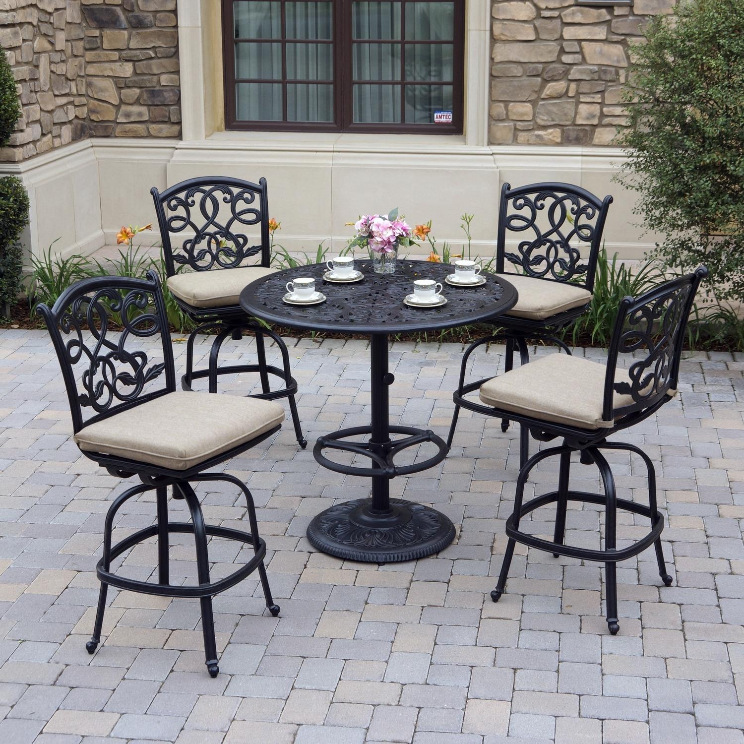 Darlee Santa Monica 5 Pc Cast Aluminum Bar Set w/ 42 Inch Round Series 80 Table & Armless Bar Stools in Antique Bronze/Beige Canvas by