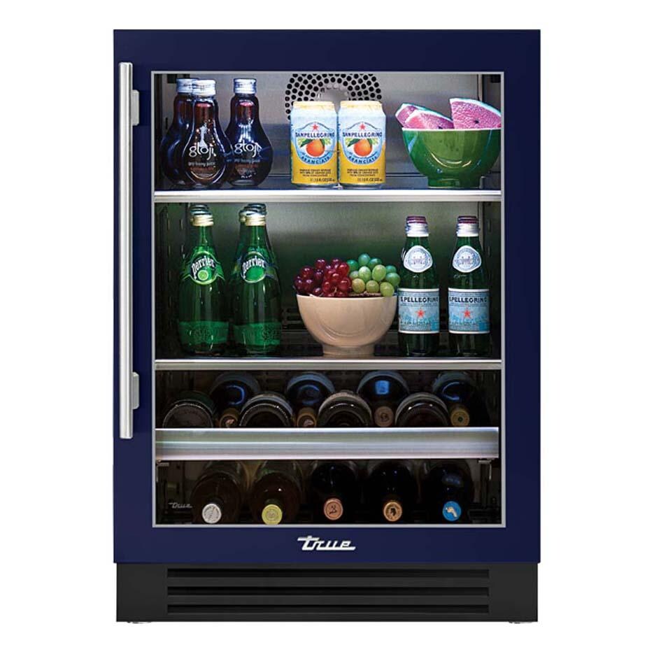 True TBC-24-R-OG-C~DSK-078-H04 24 Inch 147 Can 13 Bottle Right Hinge Glass Door Outdoor Beverage Center - Cobalt w/ Stainless Steel Handle - White Background thumbnail