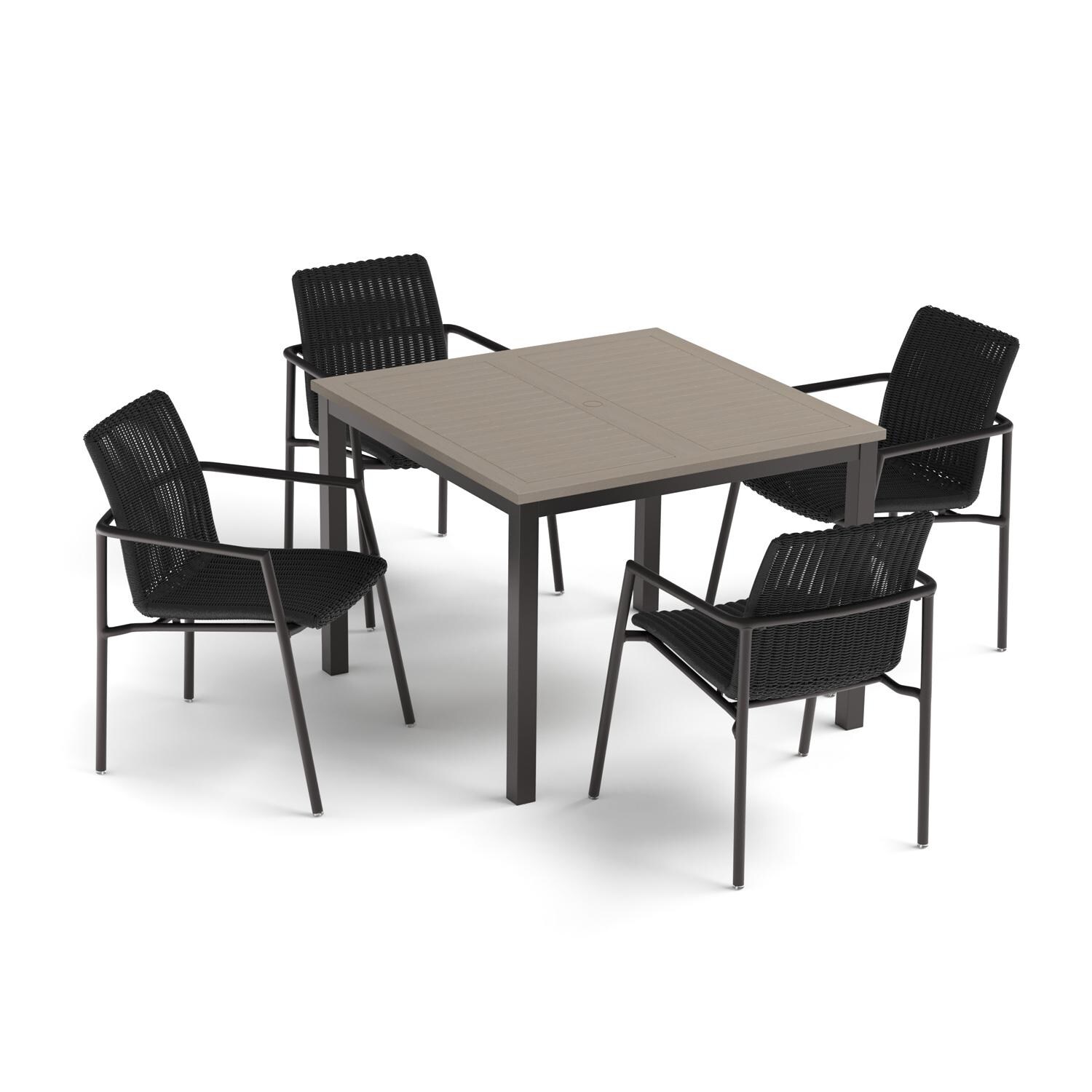 Oxford Garden Orso 5 Pc Wicker & Aluminum Arm Chair Dining Set W/ Vintage Tekwood Table Top in Carbon/Shadow - Top View thumbnail