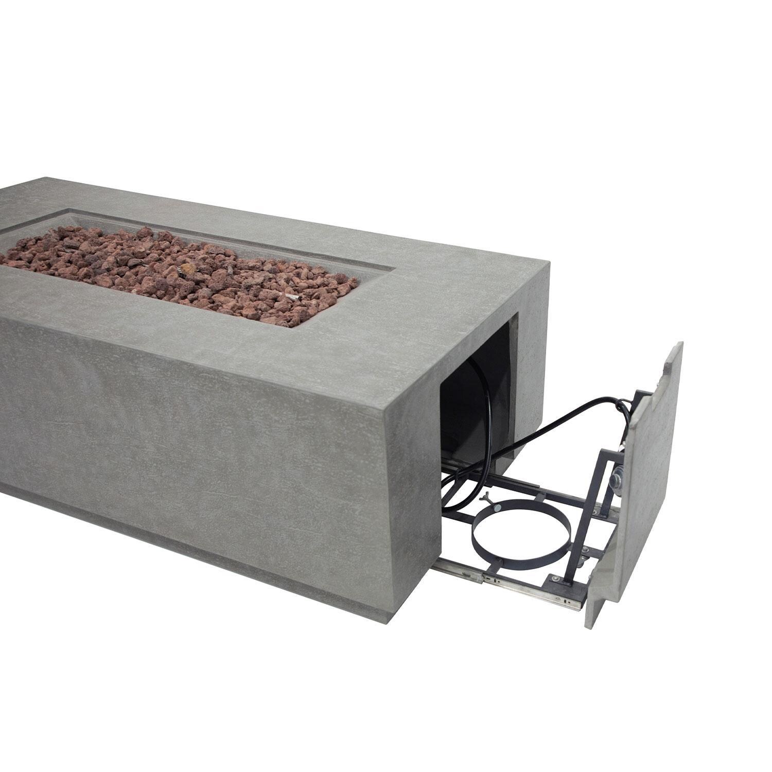 Andes 66 Inch Hidden Tank Rectangle GFRC Concrete Propane Fire Table in Light Gray By Elementi - Hidden Tank Insert Feature - White Background thumbnail