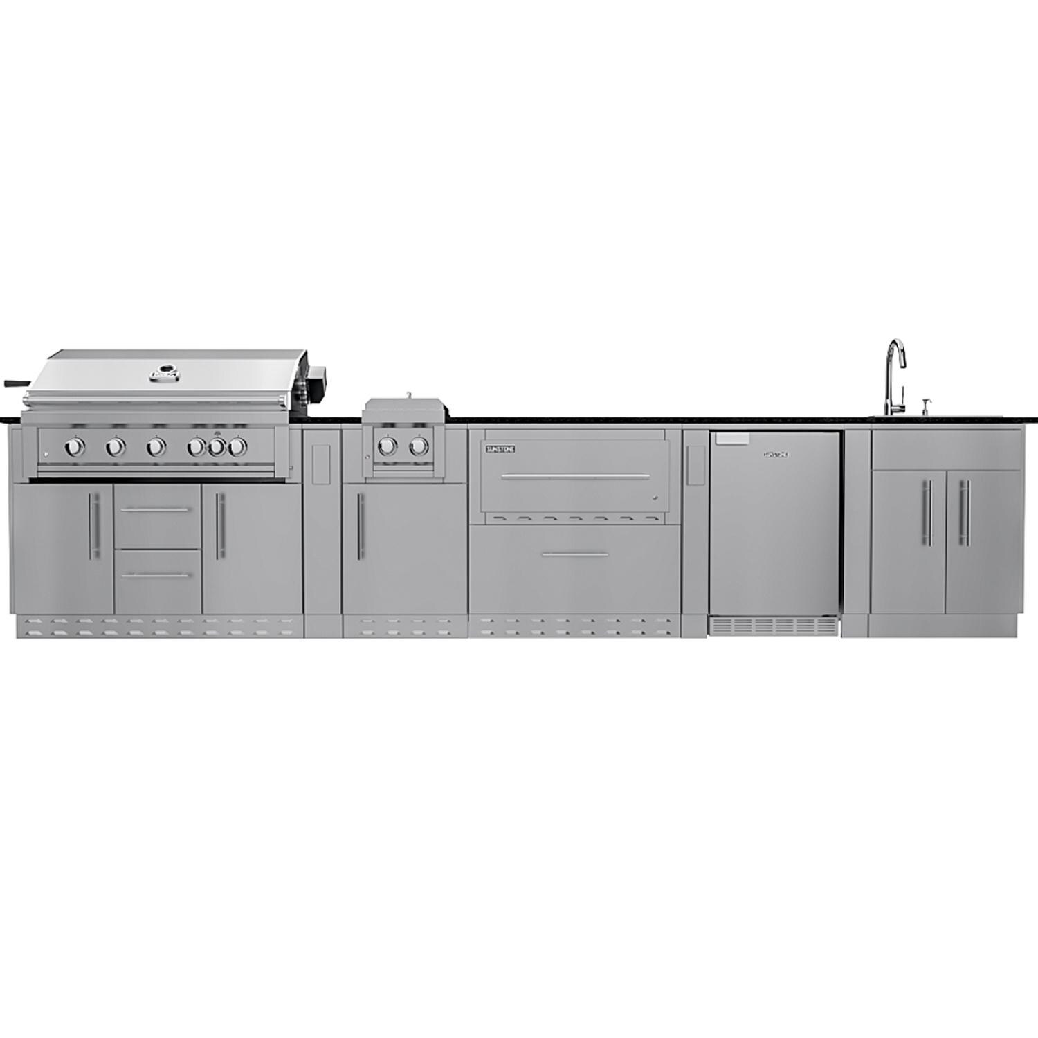 Sunstone Grills French Quarter 13 1/2 Ft Outdoor Kitchen Island w/ Natural Gas Grill & Sink, Refrigerator, Door & Drawer