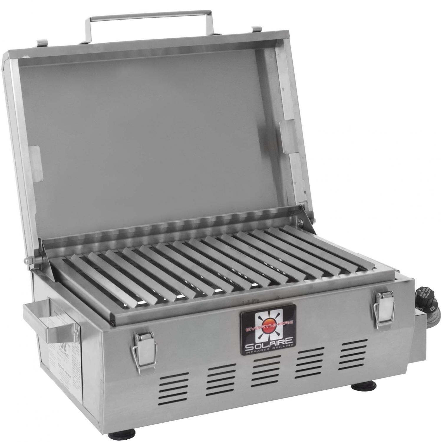 Solaire Everywhere Portable Infrared Propane Grill - Hood Open Angled View thumbnail