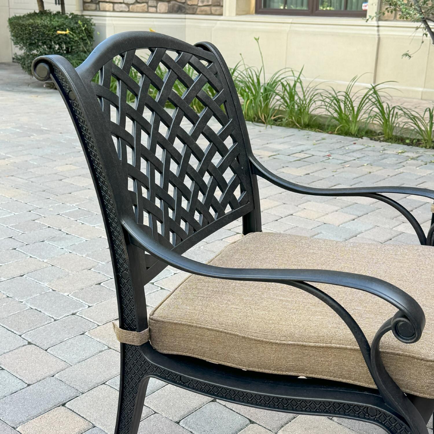 Darlee B/DL13-7PC-26D-S Nassau 7 Pc Cast Aluminum Dining Set in Antique Bronze w/ Sesame Cushions - Chair Left Side - Lifestyle