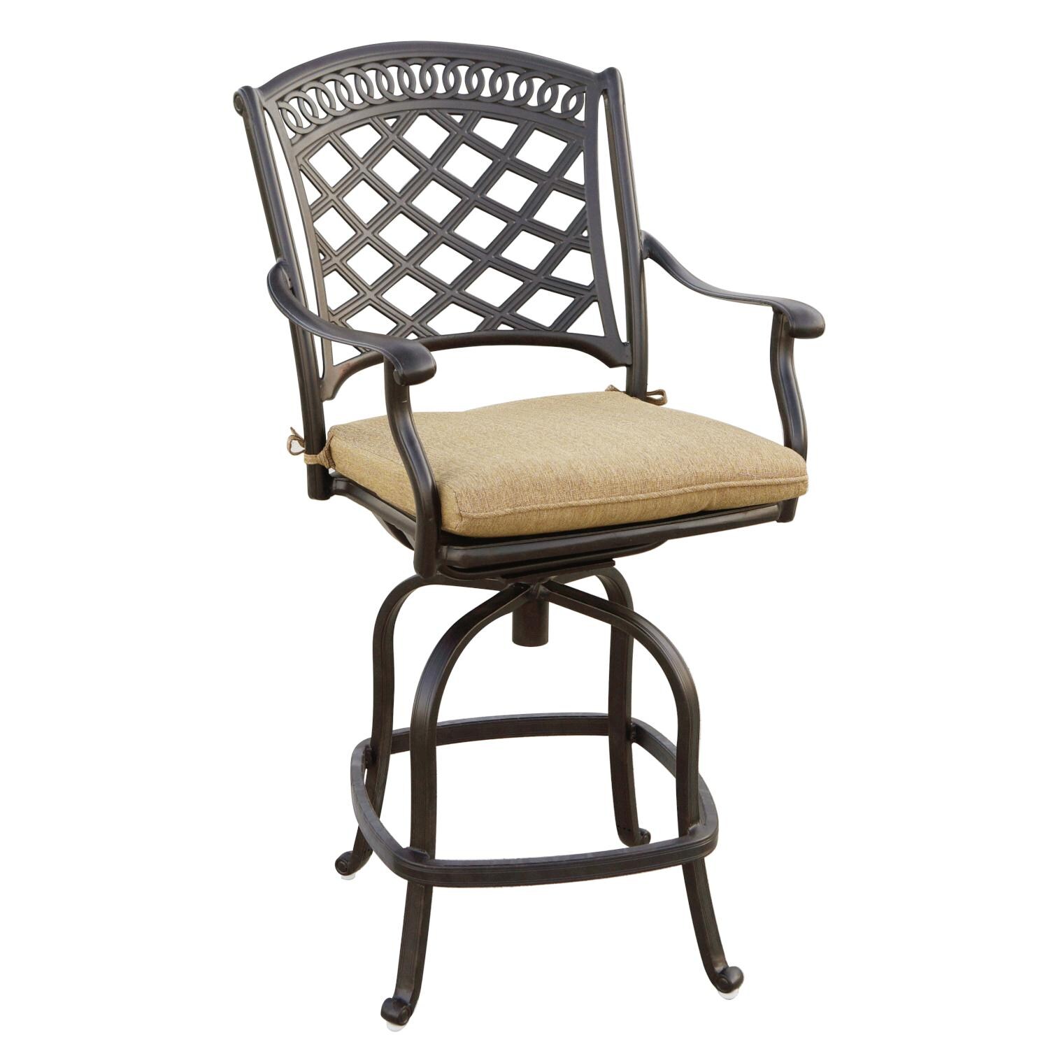 Darlee 201030-9PC-60GHW Sedona 9 Piece Cast Aluminum Patio Counter Height Fire Pit Bar Set W/ 64 Inch Square Table & Sesame Cushions - Counter Height Bar Stool thumbnail