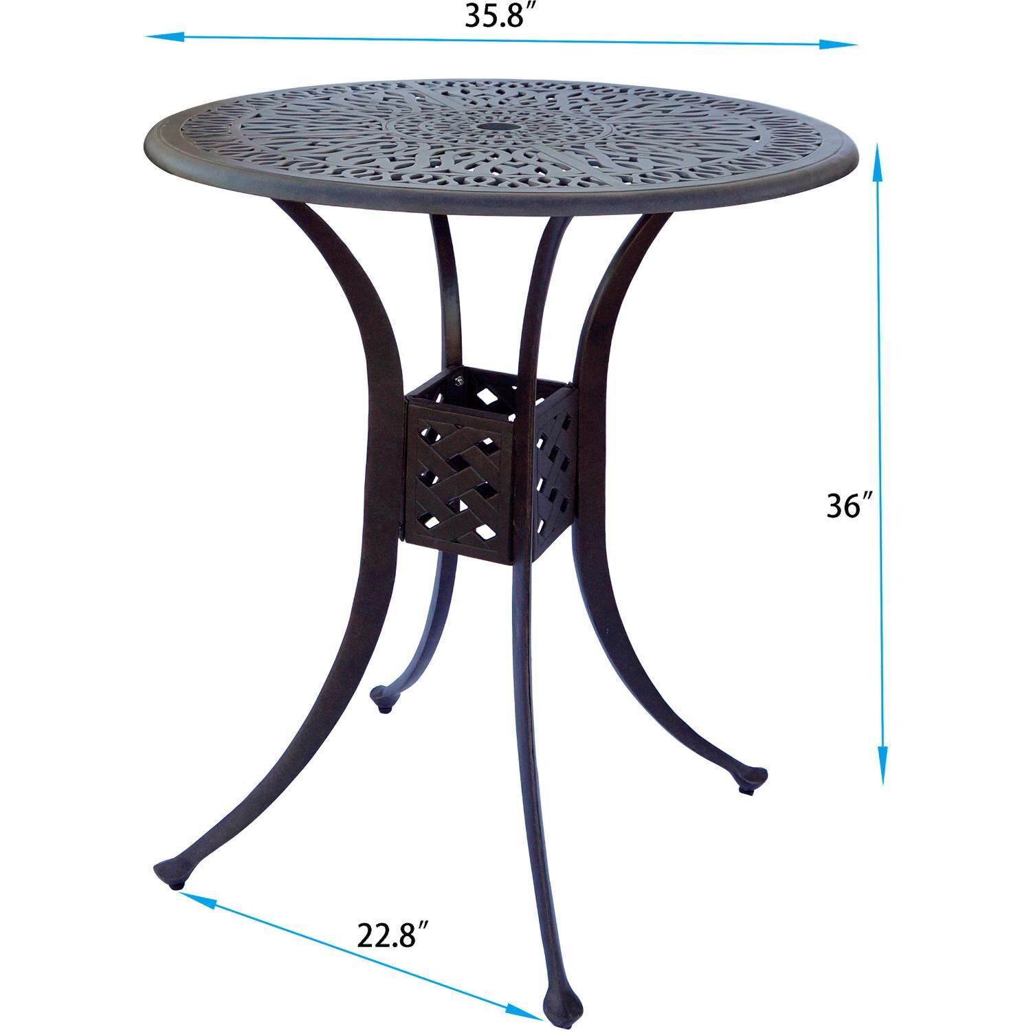 Darlee Elisabeth 5-Pc Cast Aluminum Counter Height Bar Set w/ 36-Inch Round Table in Antique Bronze/Beige Canvas - Dimensions - Dimensional thumbnail