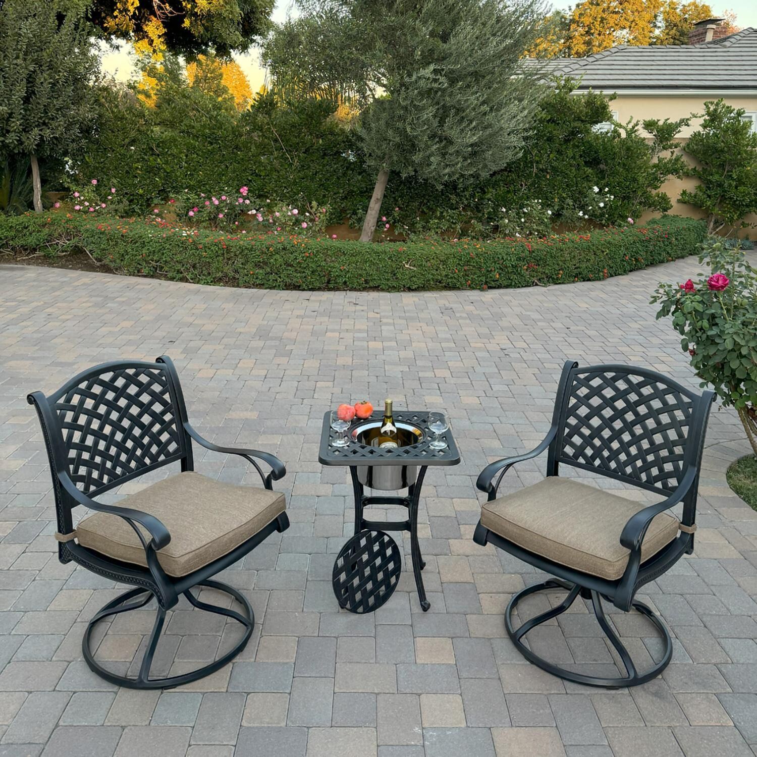 Darlee B/DL13-3PCR-30SQ-S Nassau 3 Pc Cast Aluminum Conversation Set w/ Rocker and Ice Bucket in Antique Bronze w/ Sesame Cushions - Set - Lifestyle thumbnail