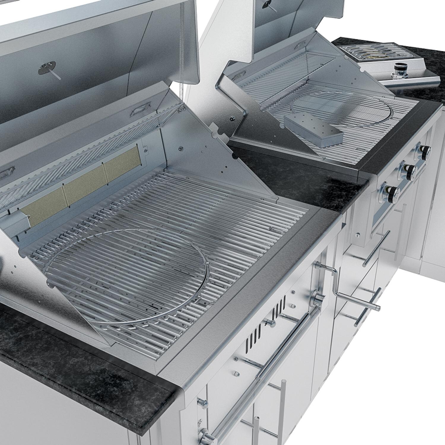 Sunstone Grills SCPTXTANGO19-NG Texas Tango 19 Ft Outdoor Kitchen Island w/ Natural Gas Grill & Side Burner, Sink, Refrigerator, Trash Bin, Door & Drawer - Grills Open - White Background thumbnail