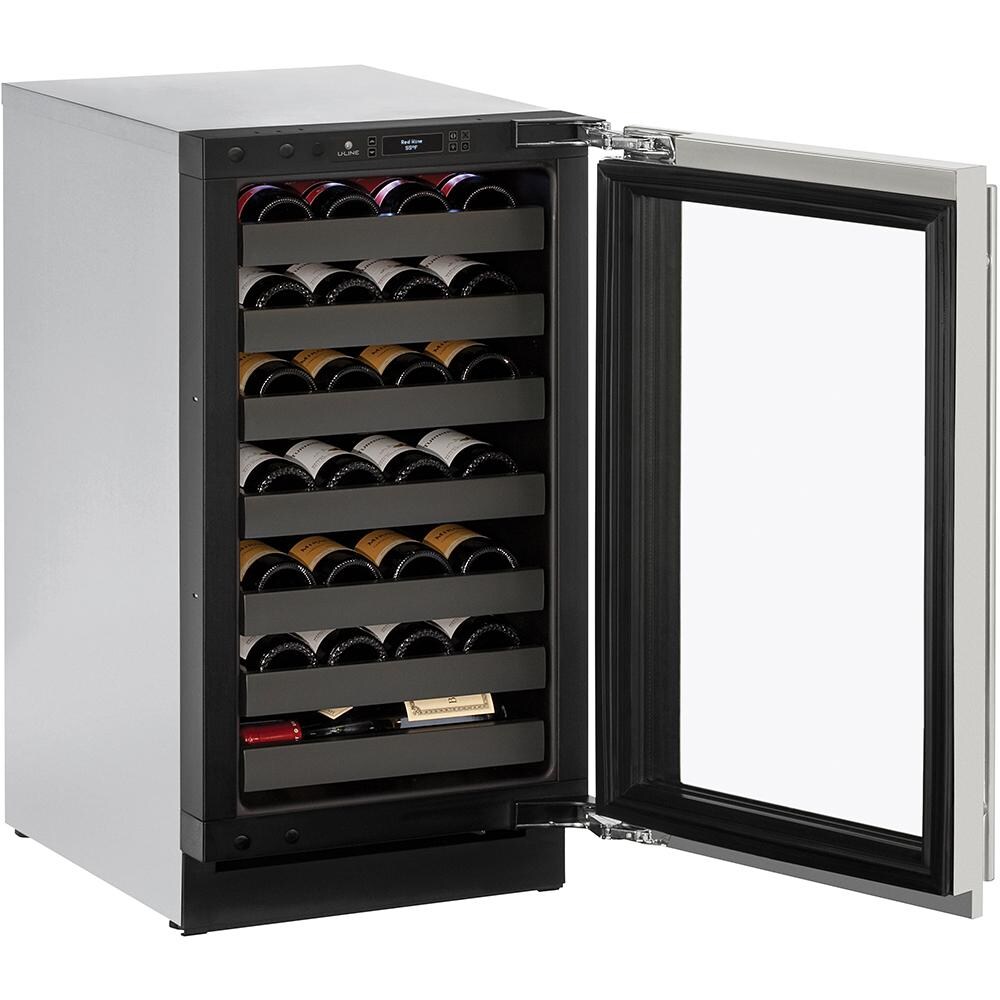 U-Line 18-Inch 31 Bottle Built-In Right Hinge Wine Captain With Lock - Open View With Wine thumbnail