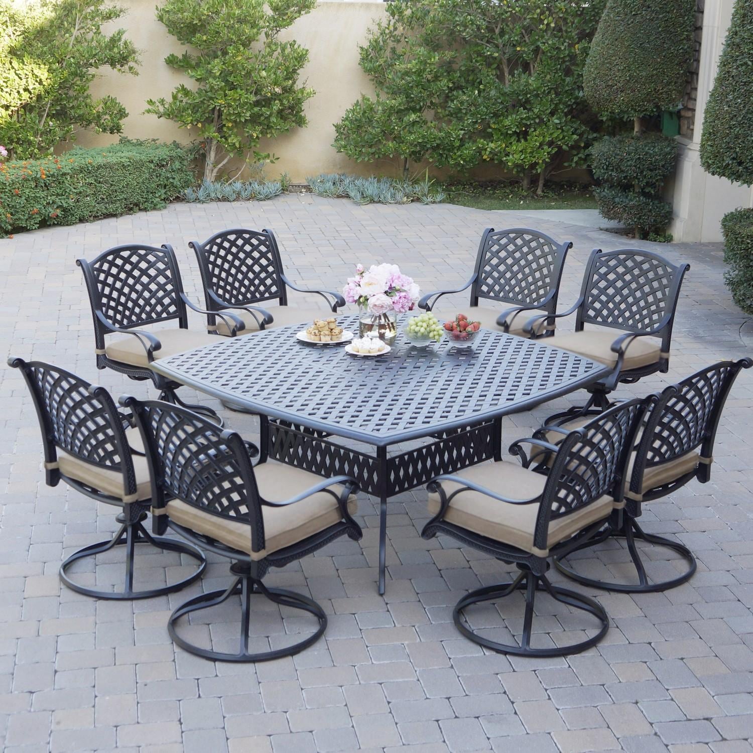 Darlee Nassau 9 Pc Cast Aluminum Dining Set in Antique Bronze w/ Beige Canvas Cushions By - B/DL13-9PCAR-30W-S