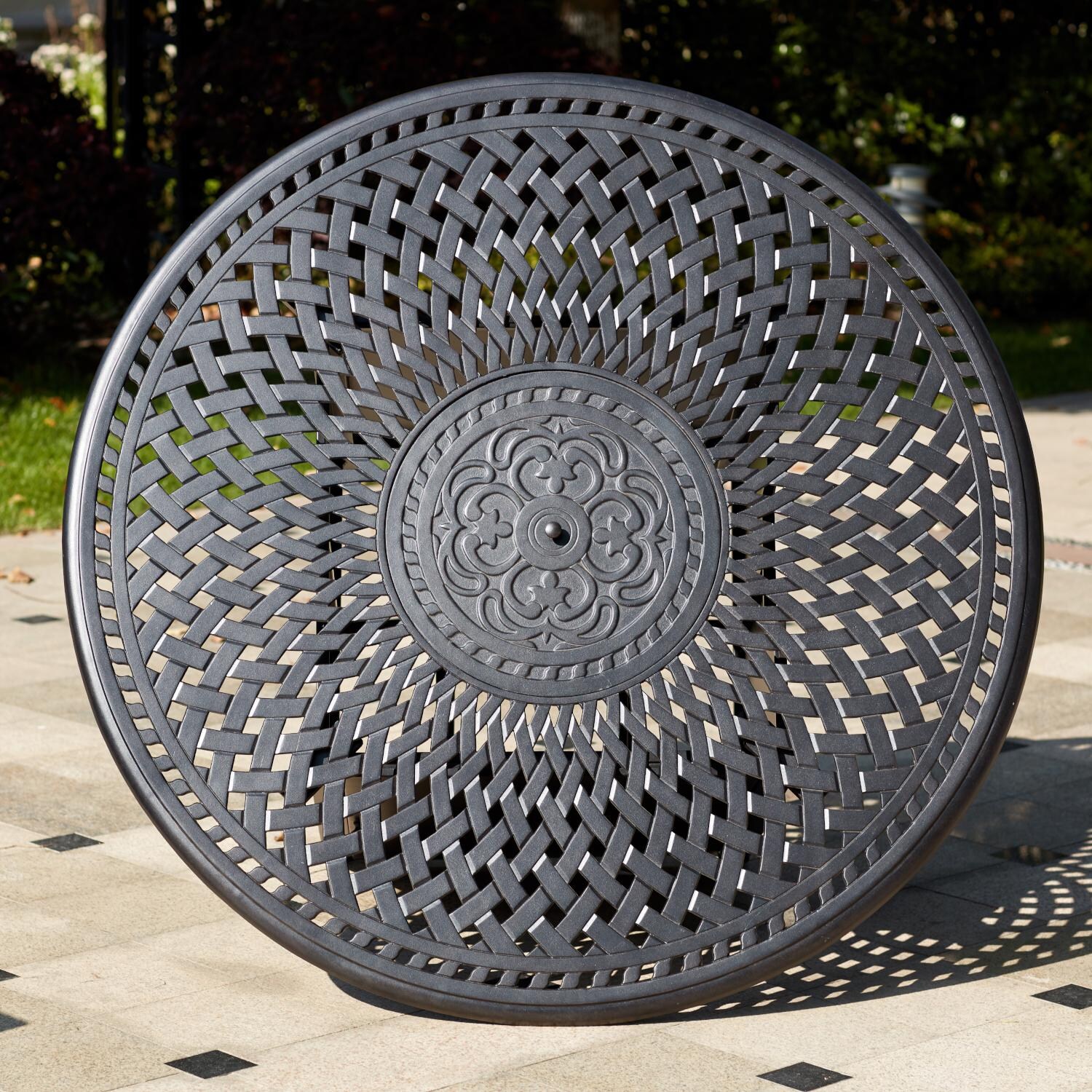 Darlee 201010-7PC-60GD Santa Barbara 7 Piece Cast Aluminum Patio Fire Pit Dining Set W/ 60 Inch Round Table & Sesame Cushions - Fire Pit Table Top thumbnail