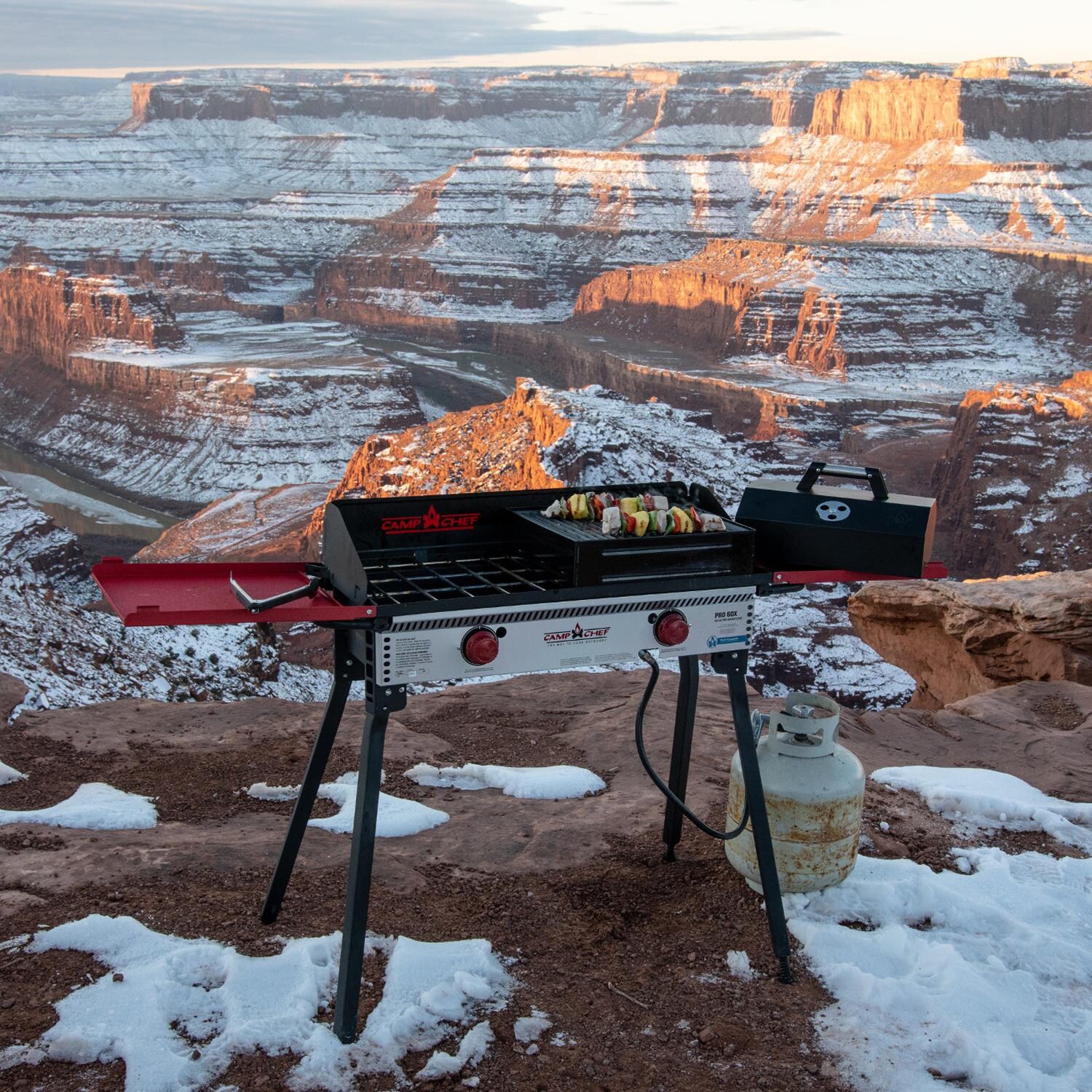 Camp Chef PRO60X Pro 60X 2-Burner Portable Propane Gas Stove - Lifestyle View - Grand Canyon Cooking (accessories shown not included) thumbnail
