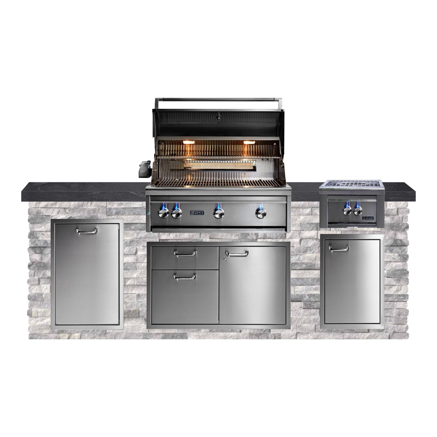 BBQGuys Signature 8ft Luxury Outdoor Kitchen w/ Lynx Professional 36-Inch Propane Grill & Power Burner - Alaska Gray Stone w/ Black Polished Granite