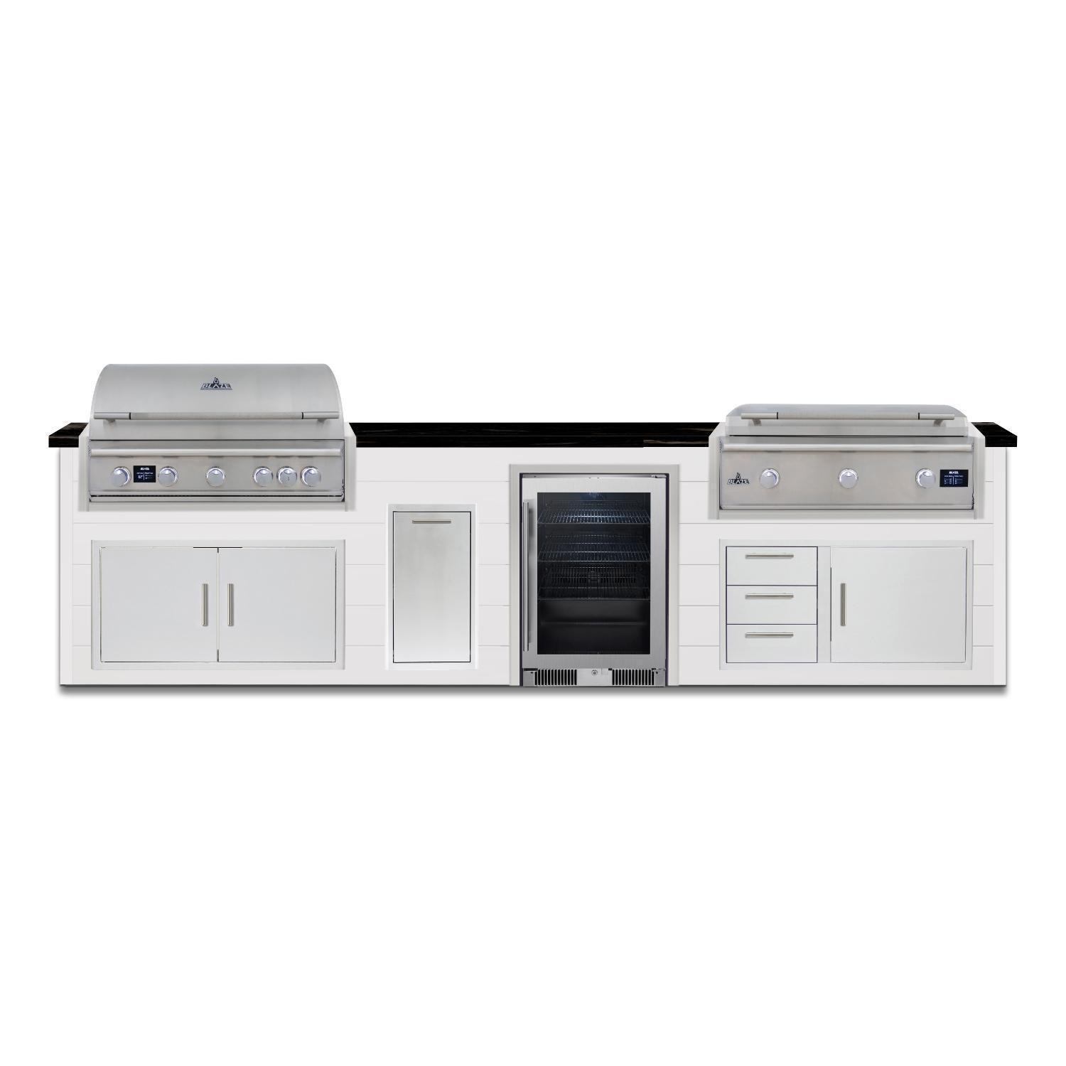 BBQGuys Signature 12 Ft Grill Island w/ 40-in Propane Blaze Premium LTE Pro Grill & Griddle, Beverage Center, Narrow Trash Bin & Door & Drawer | Crystal White w/ Nero Mist Granite - Front - White Background thumbnail