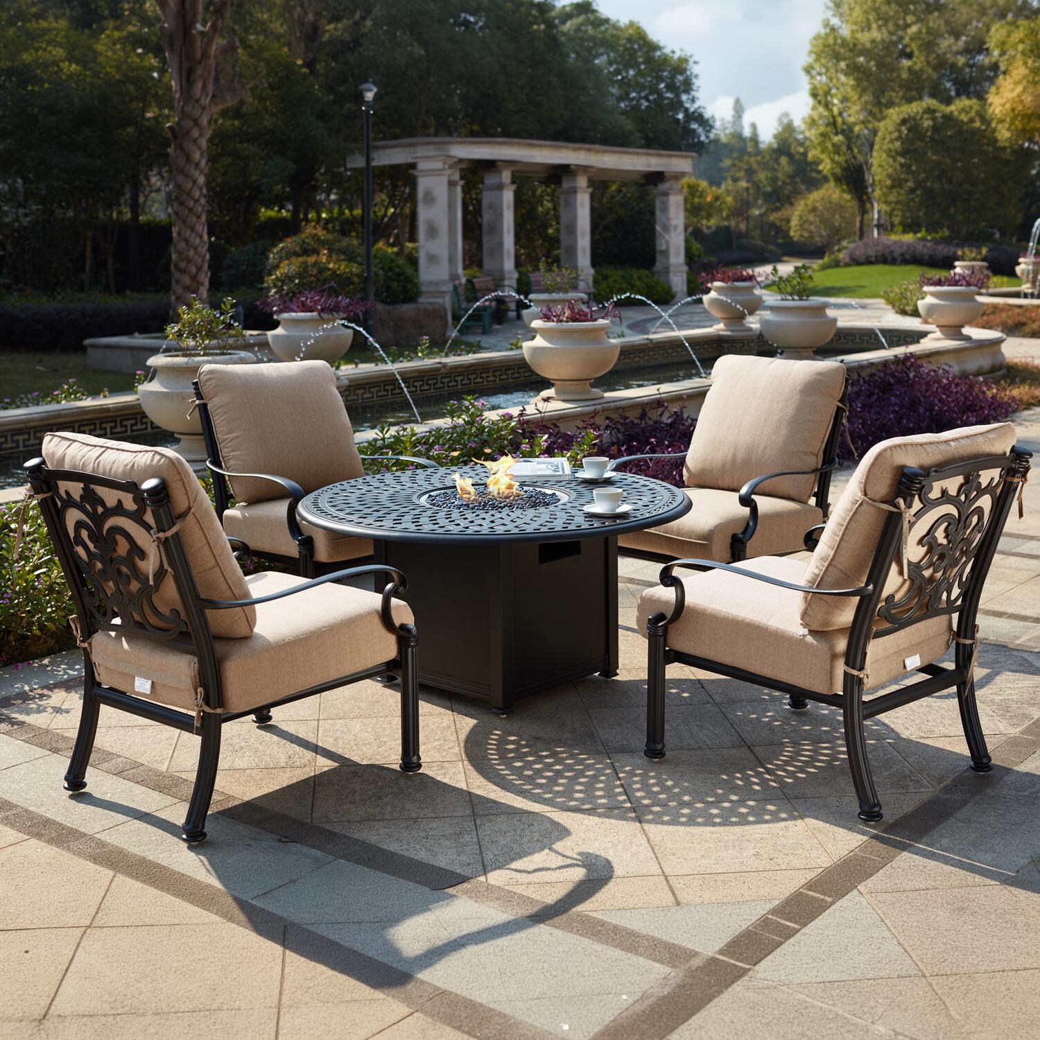 Darlee Santa Barbara 5 Pc Cast Aluminum Fire Pit Seating Set w/ 52 Inch Signature Table - Lifestyle