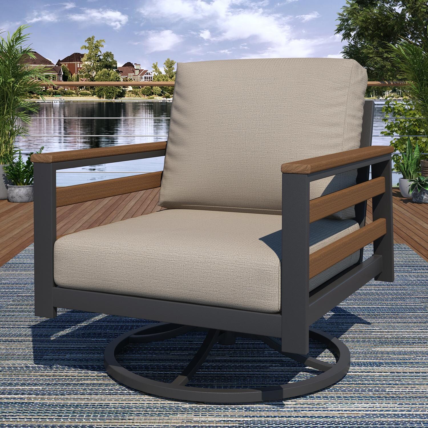 Lakeview NC6400TANGSLAT-9PC-SM Oasis Bay 9 Pc Aluminum Seating Set w/ Slat Side Panels in Brown/Spectrum Mushroom - Swivel Chair - Lifestyle thumbnail