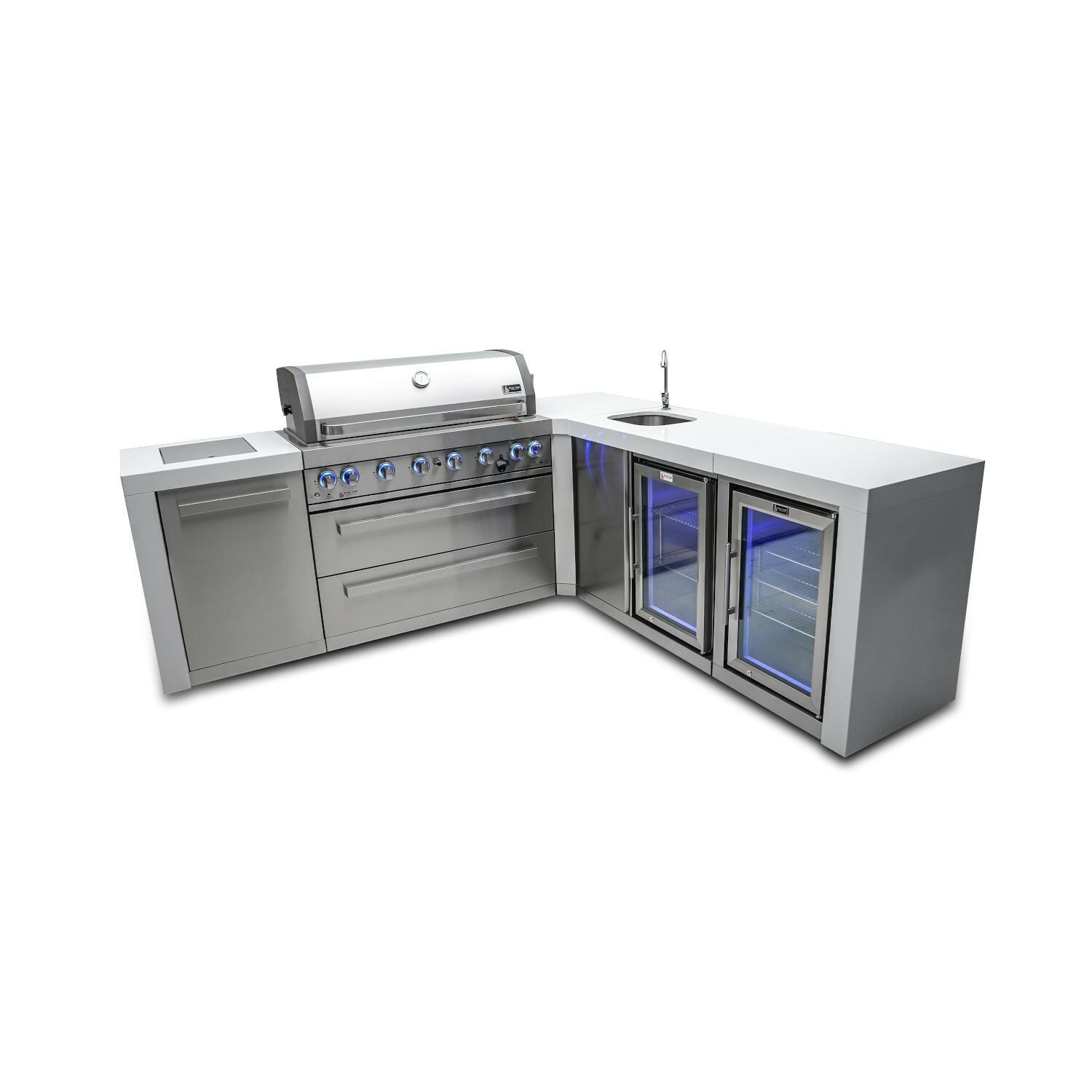 Mont Alpi Deluxe Series 8 Ft L-Shaped Natural Gas Outdoor Kitchen Island w/ Side Burner, Beverage Center & Fridge (Ships Propane w/ Conversion Kit) - MAi805-D90BEVFC
