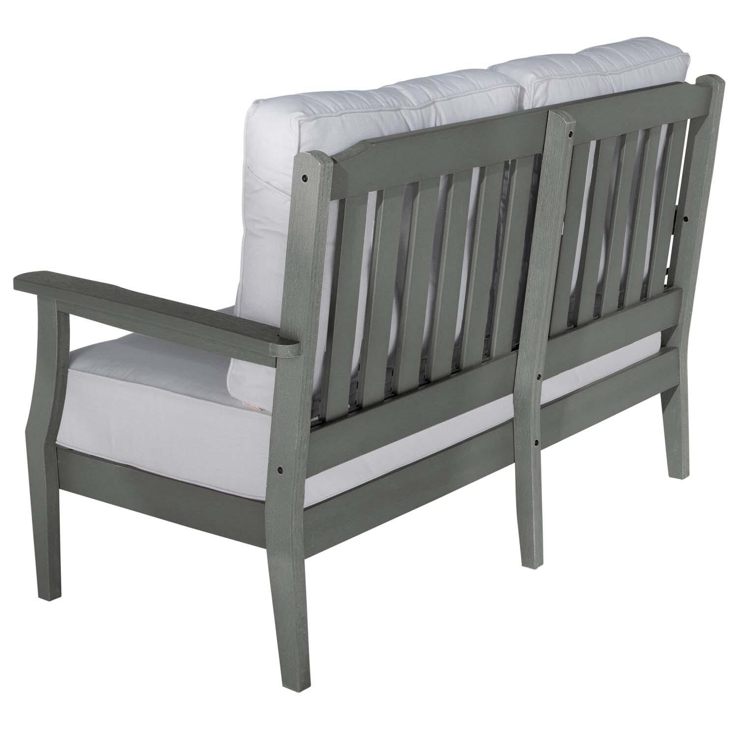 Blushing Bay 2 Person Recycled Plastic Loveseat in Bliss Linen/Coastal Teak by Lakeview Outdoor Designs - Back View - White Background thumbnail