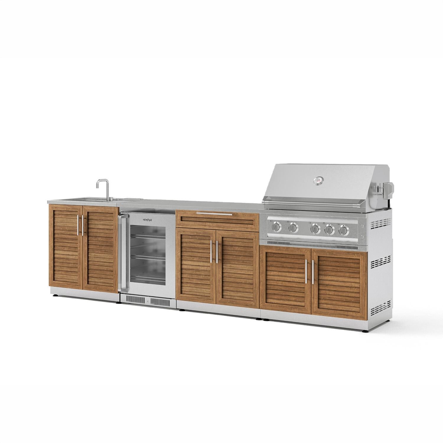 NewAge Products 66392 Classic Series 10 1/2 Ft Outdoor Kitchen Island w/ 36-in Propane Grill, Sink, Glass Door Refrigerator, Trash Bin, Door & Drawer in Grove/Stainless Steel - Angled - White Background thumbnail