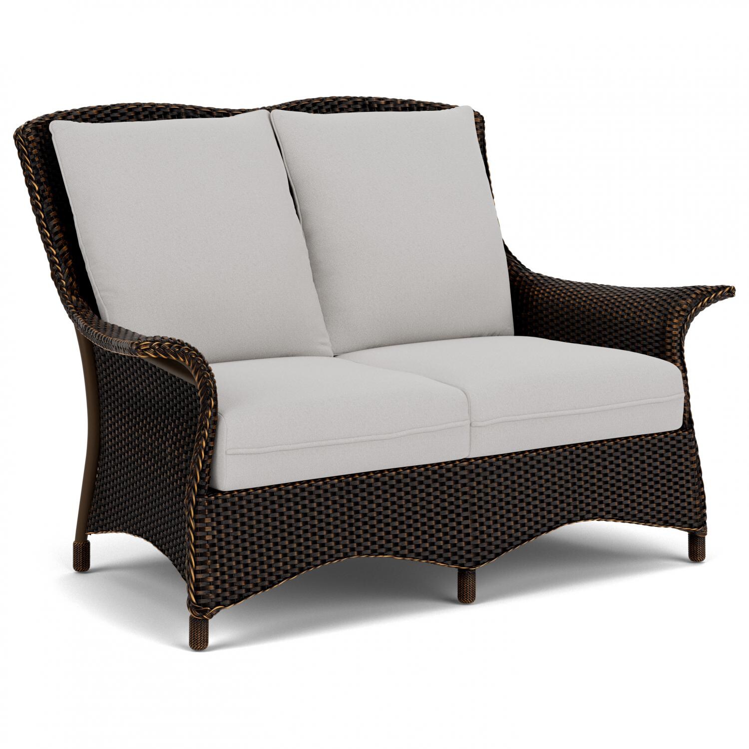 Lloyd Flanders Mandalay Loveseat in Mink Finish with Tundra Dove fabric - Angled thumbnail
