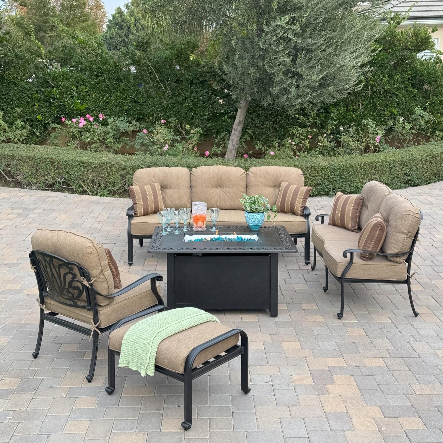 Elisabeth 5 Pc Set Cast Aluminum Seating Set w/ 49 X 35 Inch Fire Pit Table in Sesame/Antique Bronze by Darlee - Hero - Lifestyle thumbnail
