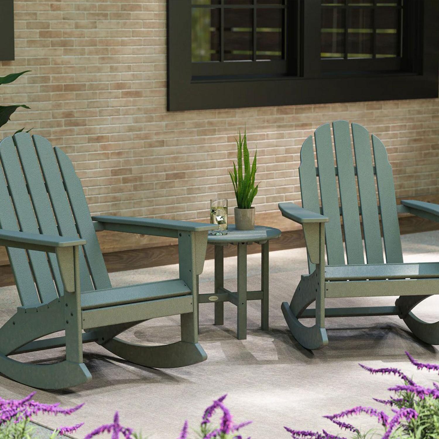 POLYWOOD PWS408-1-SA Vineyard 3-Piece Adirondack Rocking Chair Set in Sand - Front Porch - Shown in Mahogany finish - Lifestyle thumbnail