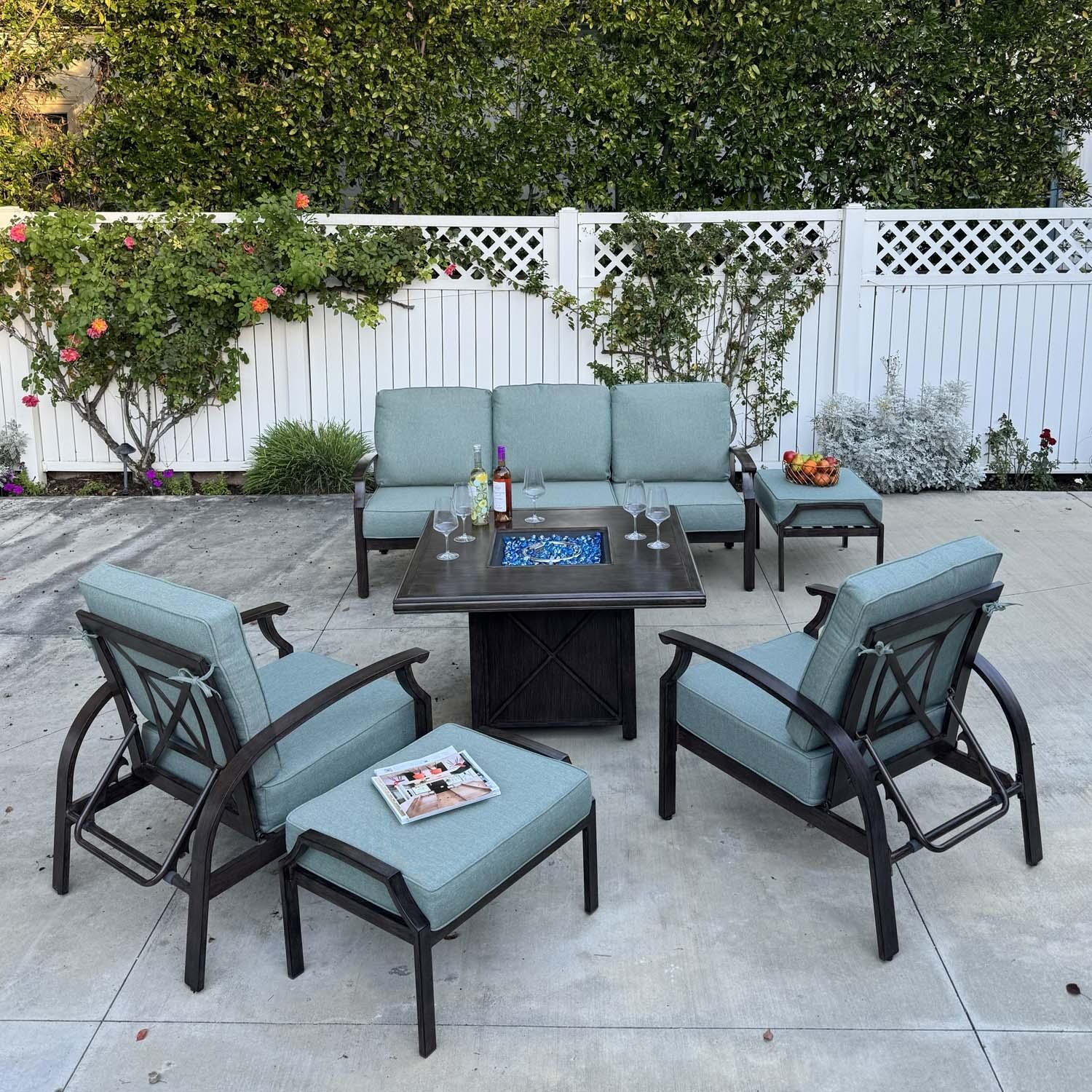 Atlantis 6 Pc Aluminum Seating Setw/ Square Fire Pit Chat Table in Walnut/Spa by Darlee - Lifestyle thumbnail