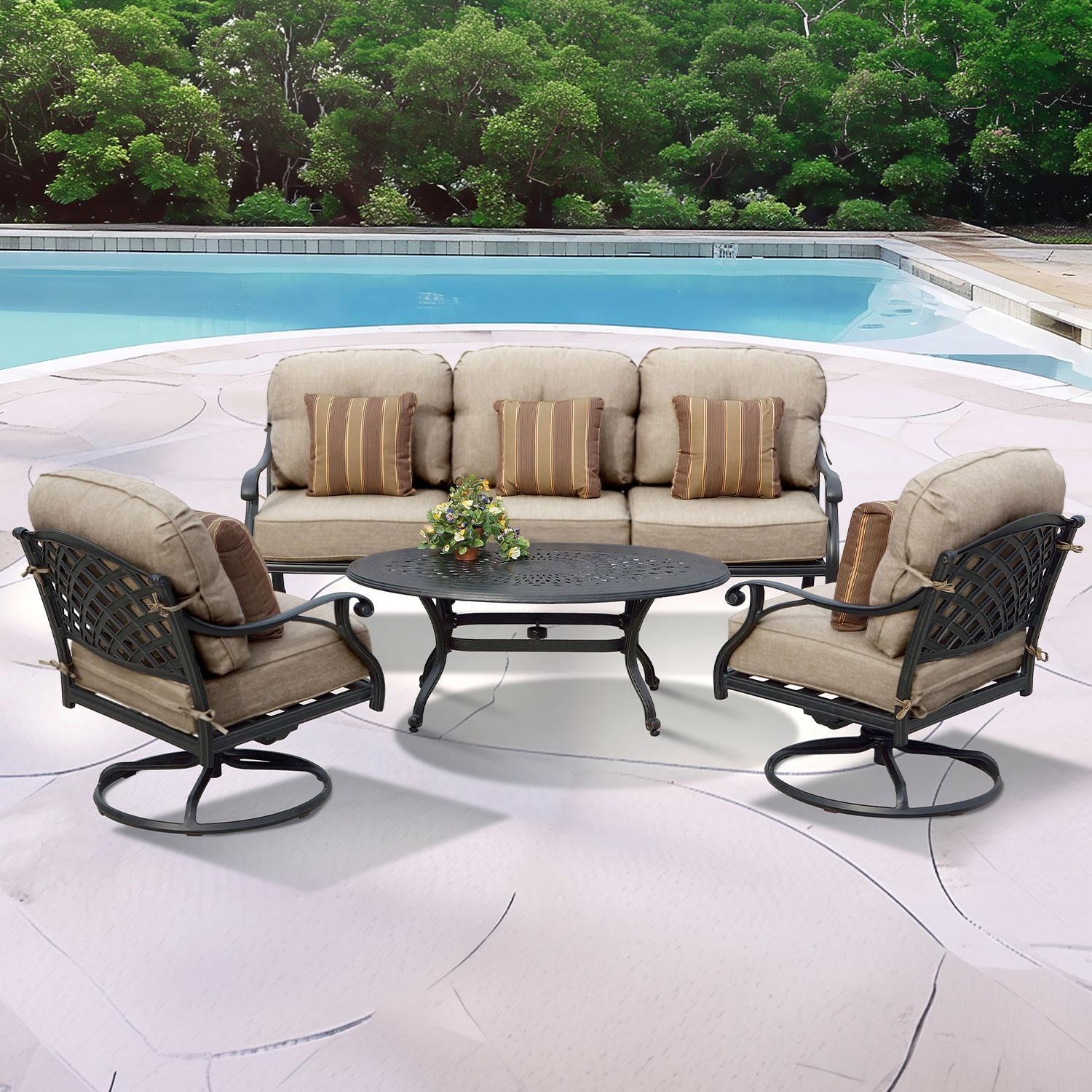Darlee Nassau 4 Pc Cast Aluminum Seating Set w/ 46 X 31 Inch Oval Table w/ Swivel Rockers & Throw Pillows in Antique Bronze/Beige Canvas by