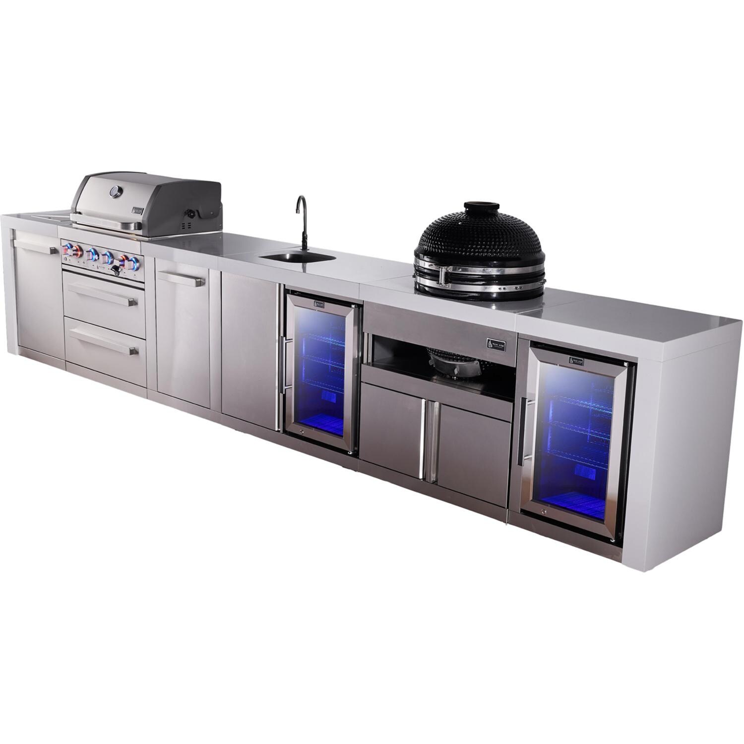 Mont Alpi Deluxe Series 15 1/2 Ft Natural Gas Outdoor Kitchen Island w/ 32-in Grill, Side Burner, Beverage Center, Fridge, Kamado Module & Extra Door (Ships Propane w/ Conversion Kit) - Angled Right - White Background thumbnail