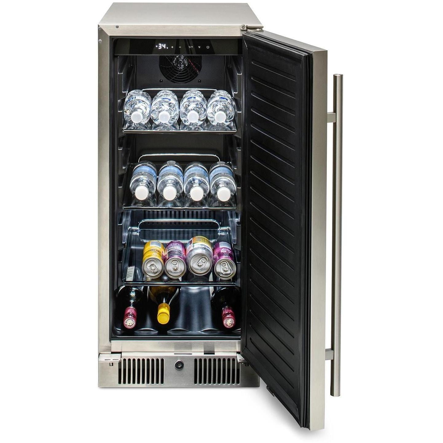 Blaze BLZ-SSRF-15 15-in 3.2 Cu. Ft. Outdoor Rated Compact Refrigerator - Door Open w/ Drinks - White Background thumbnail